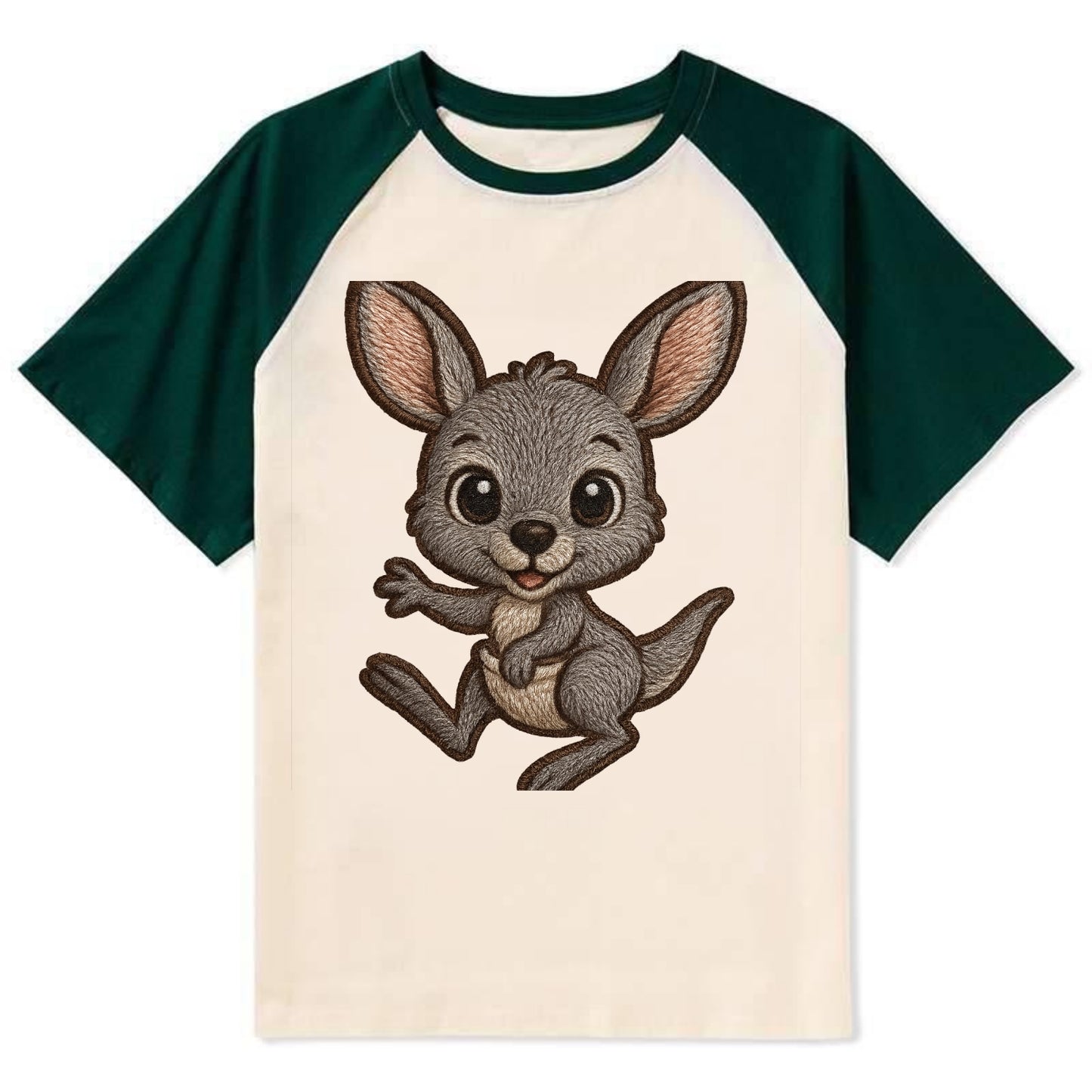 Baby Kangaroo Joey - gray fur, large ears, in pouch peek, bright eyes, - Contrast Raglan T-shirt - Green