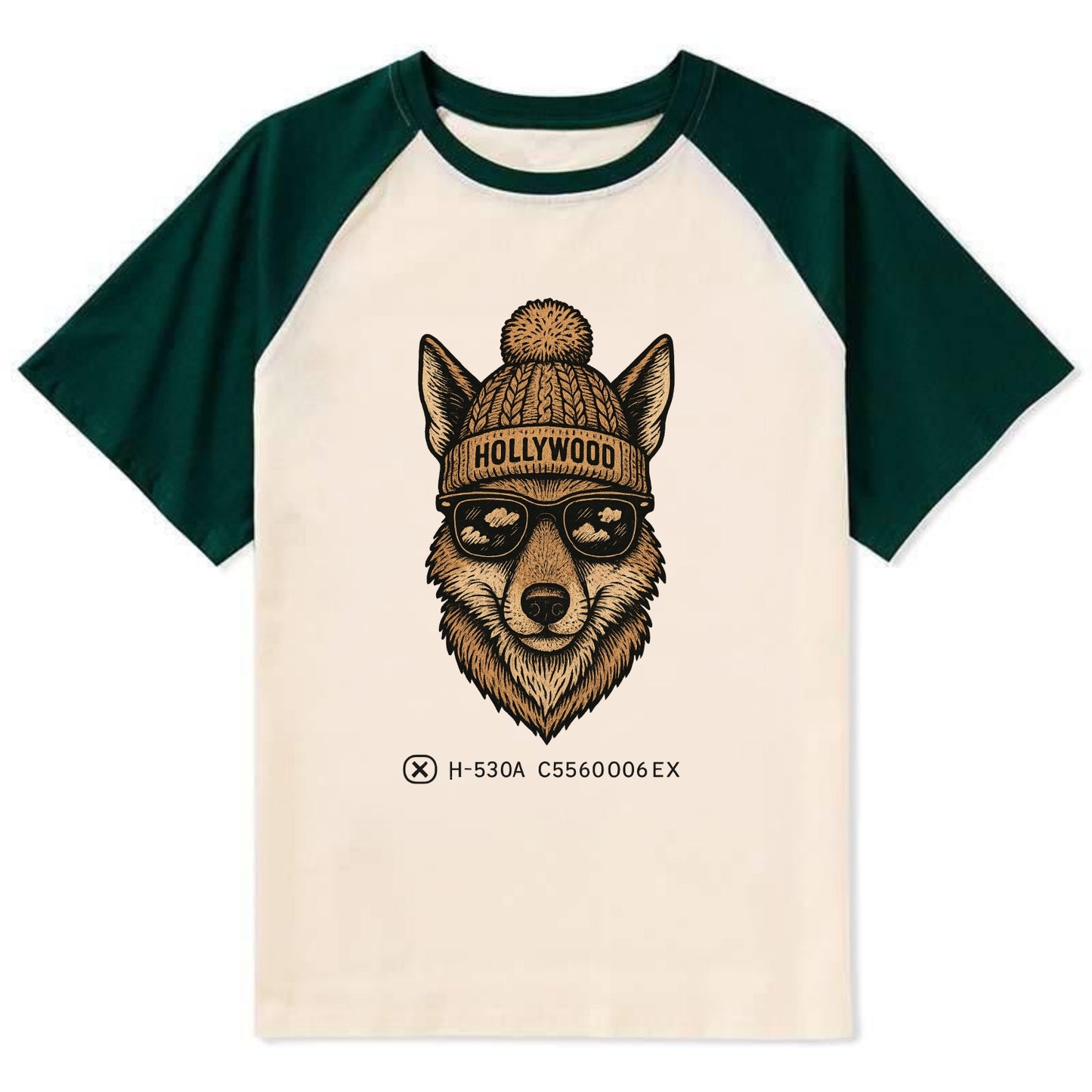 LA Coyote wearing Hollywood beanie with pom pom and wayfarer sunglasses - Contrast Raglan T-shirt - Green