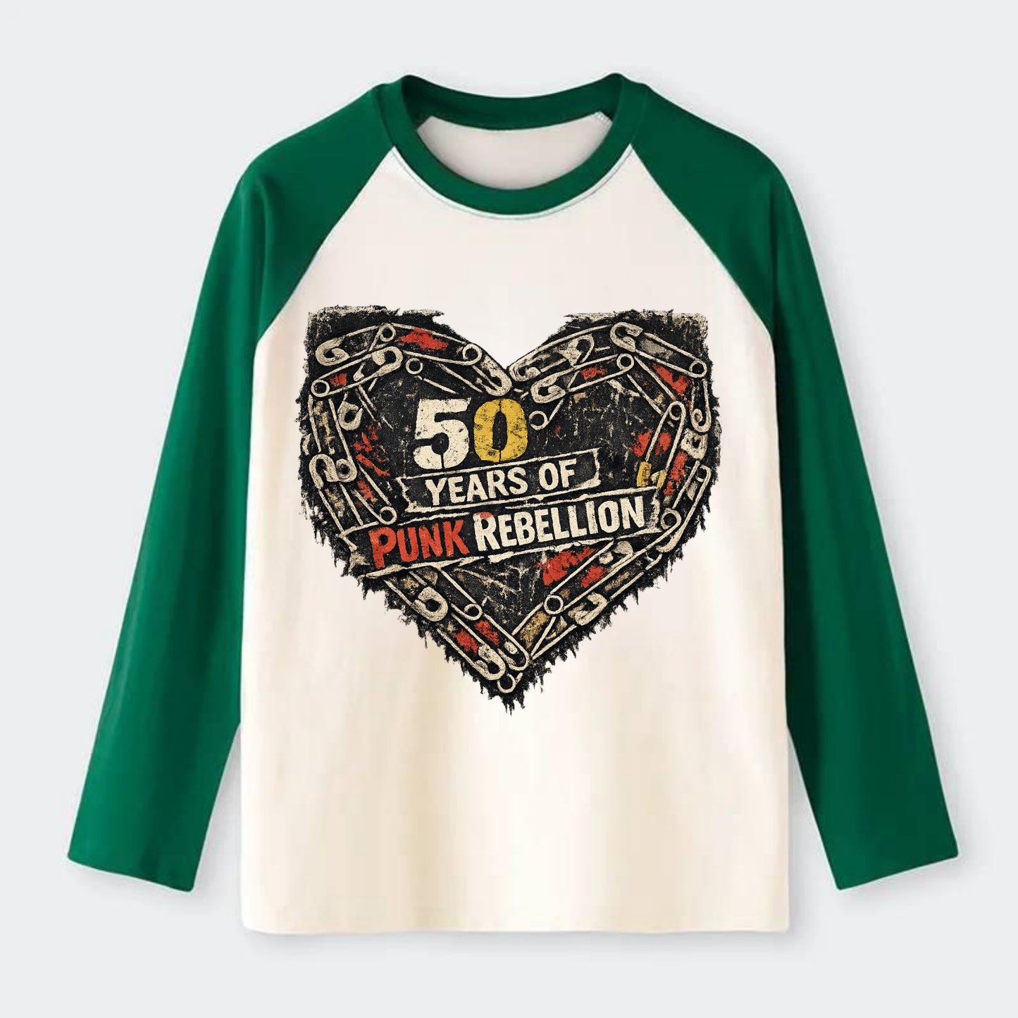 SAFETY PIN LOVE | Heart made of safety pins | Punk romance | DIY - Raglan Long Sleeve T-Shirt - Green
