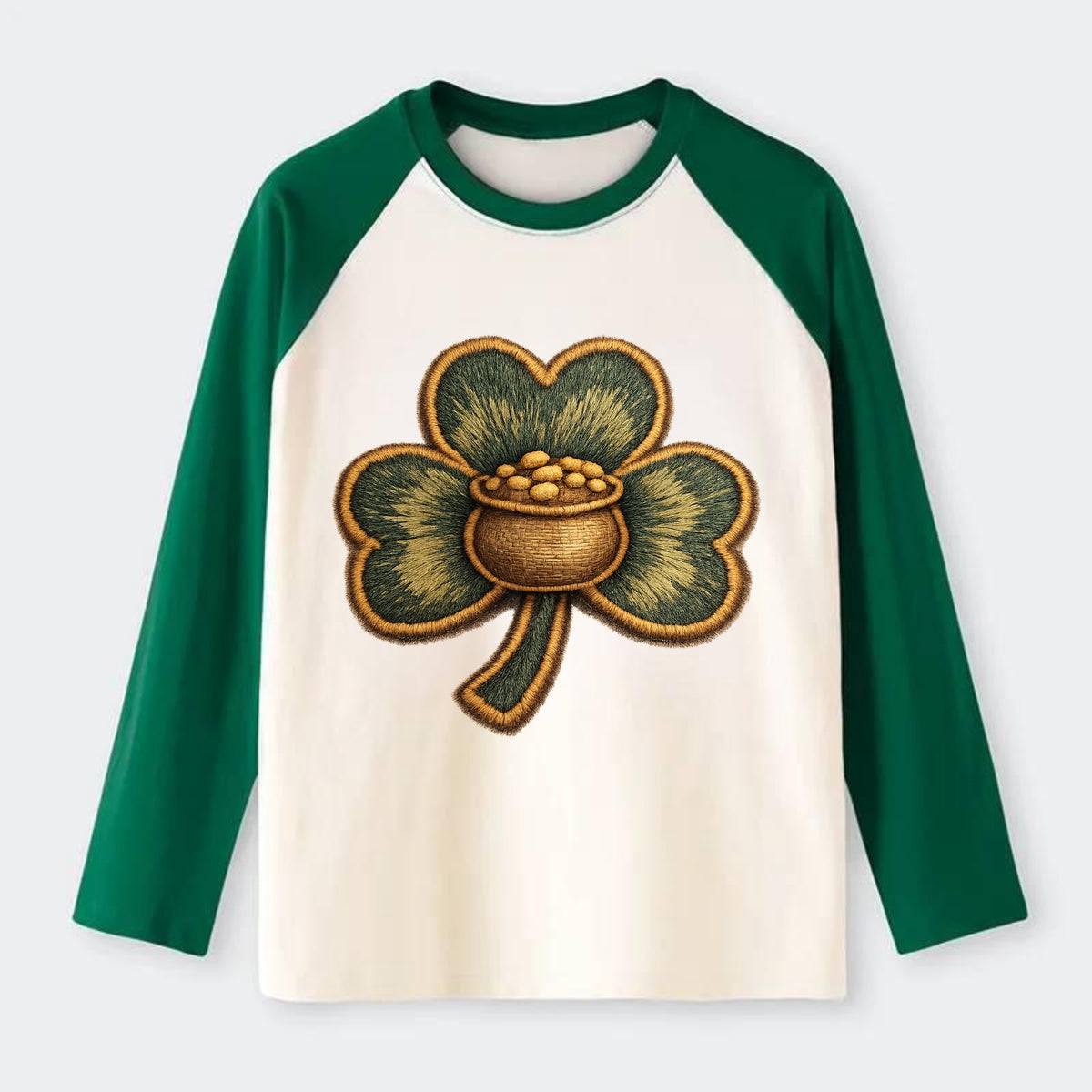 ST PATRICKS CLOVER - lucky clover with gold in green and gold , Irish - Raglan Long Sleeve T-Shirt - Green