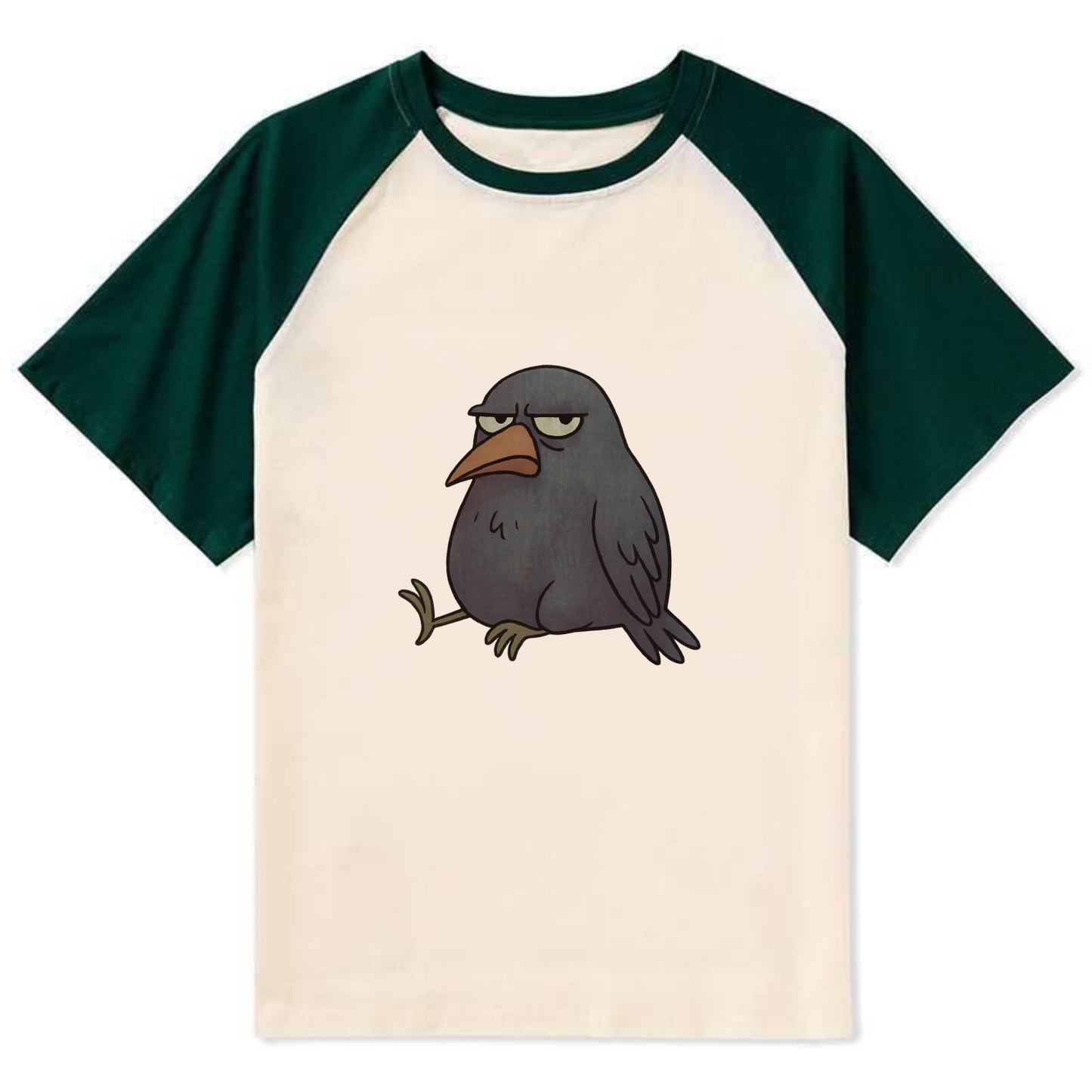 THE CROW JUDGES SILENTLY | Black crow with - Contrast Raglan T-shirt - Green