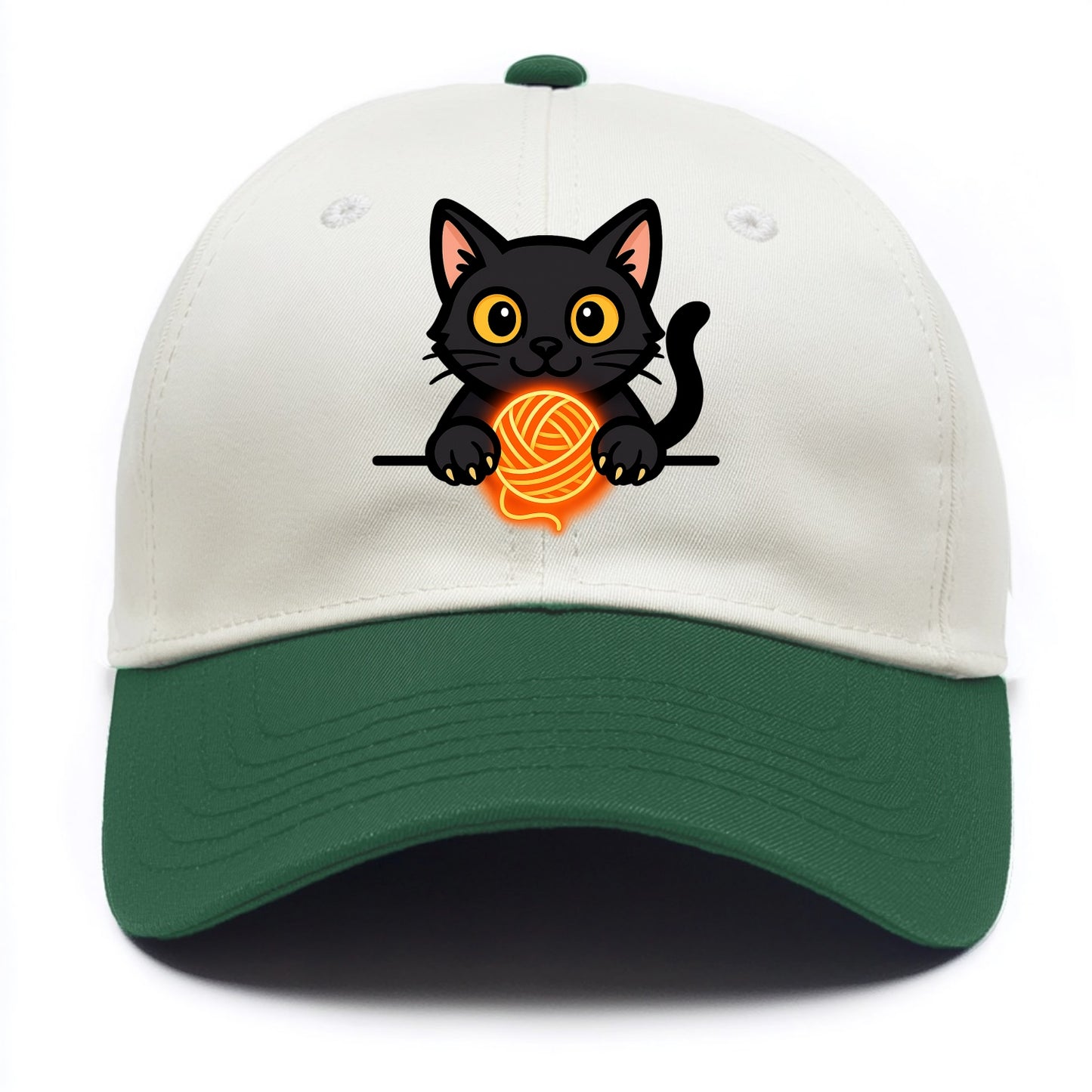 Midnight the black cat popping out of a gift box lid with ribbon trails. - Two Tone Cap - Green