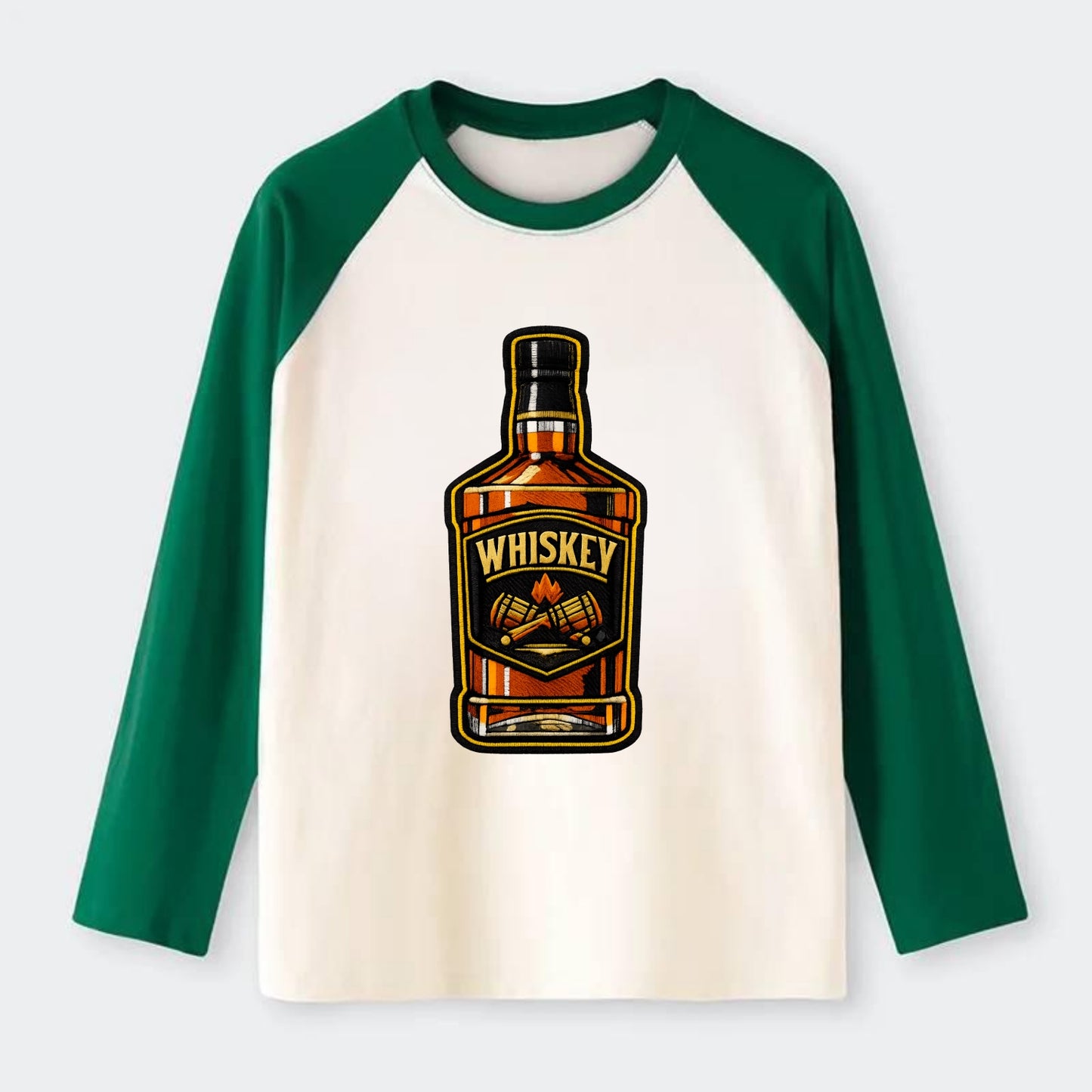 WHISKEY BOTTLE - bourbon bottle in amber and gold , spirits connoisseur - Raglan Long Sleeve T-Shirt - Green