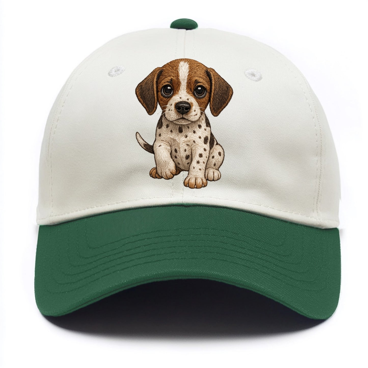 Baby Pointer Puppy - spotted coat, noble stance, alert eyes, front-facing, pointing - Two Tone Cap - Green