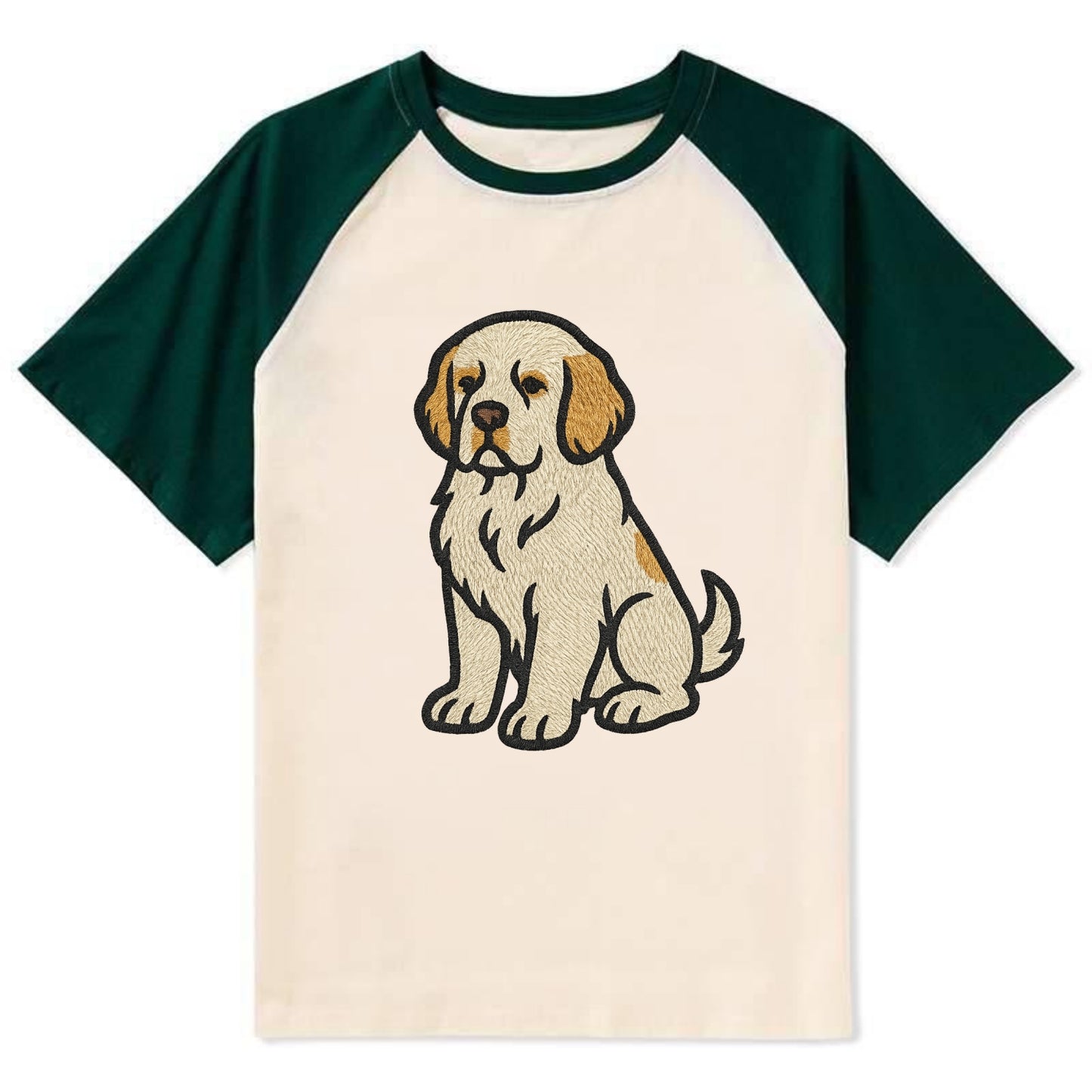 Clumber Spaniel - White with lemon markings embroidered pose - Contrast Raglan T-shirt - Green