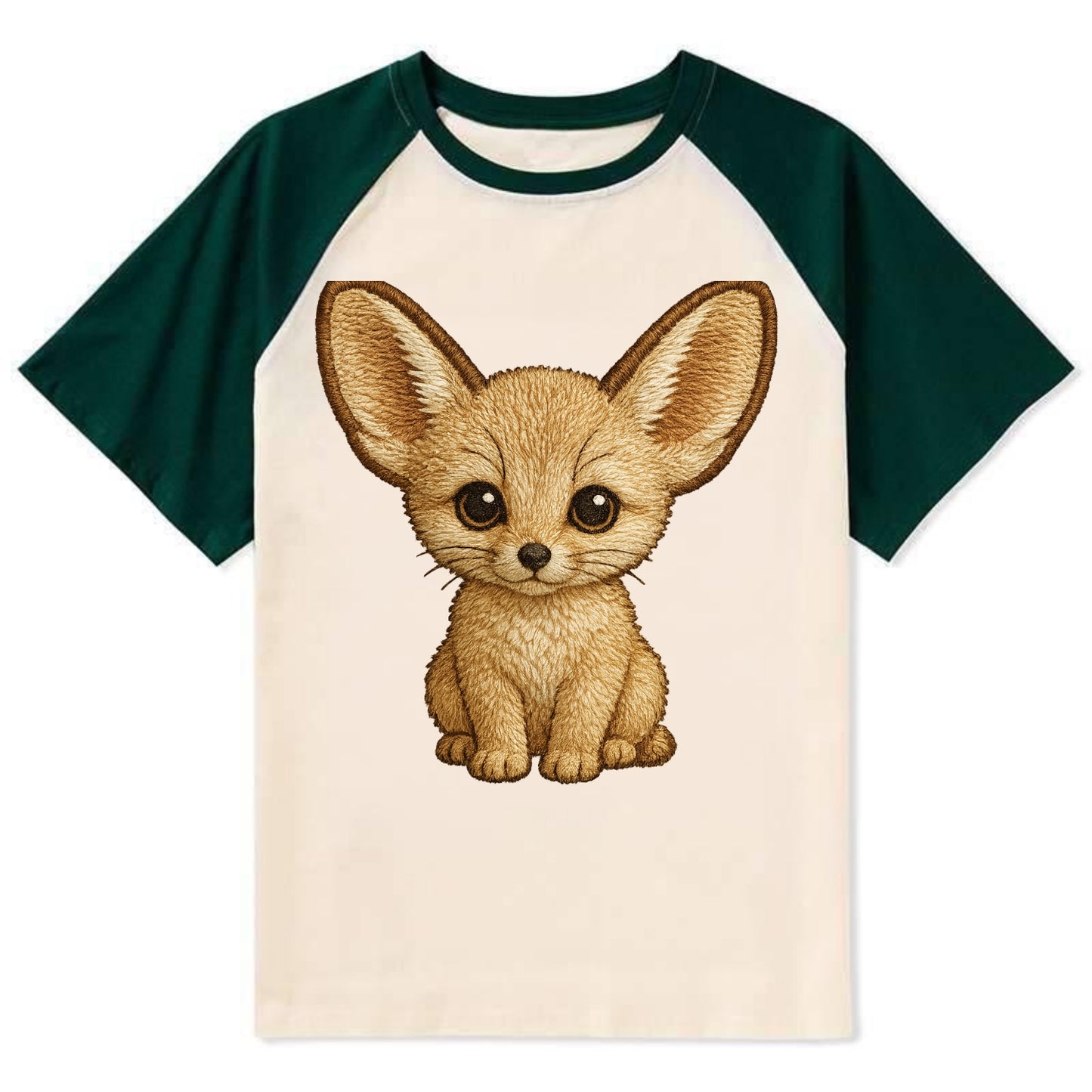 Baby Fennec Fox - huge ears, cream fur, large dark eyes, front-facing, - Contrast Raglan T-shirt - Green