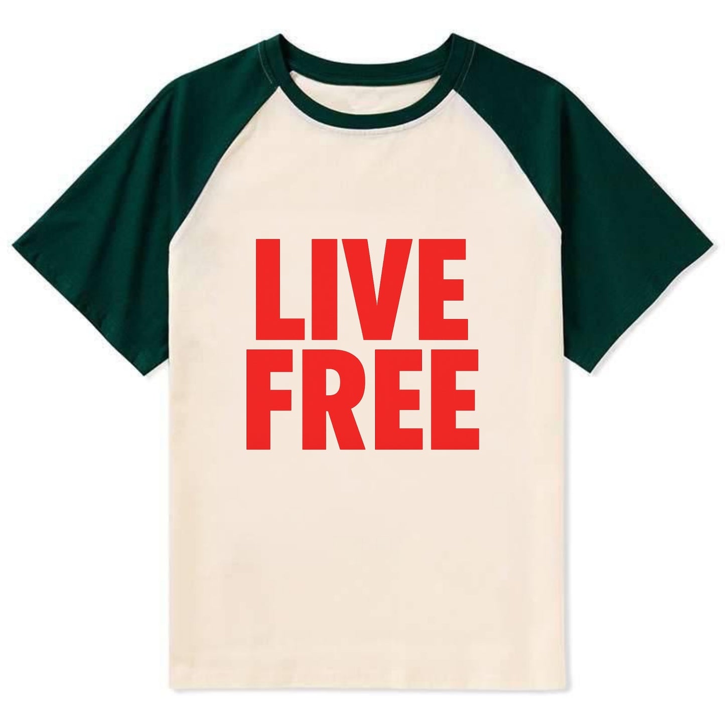 Bold typography design - "LIVE FREE" - unrestricted living - Contrast Raglan T-shirt - Green