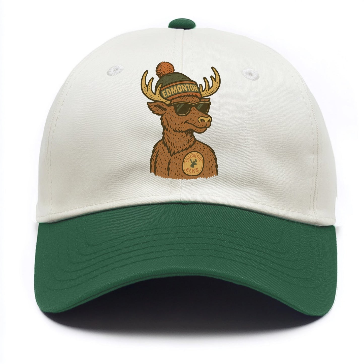 Edmonton Elk wearing Edmonton beanie with pom pom and wayfarer sunglasses - Two Tone Cap - Green