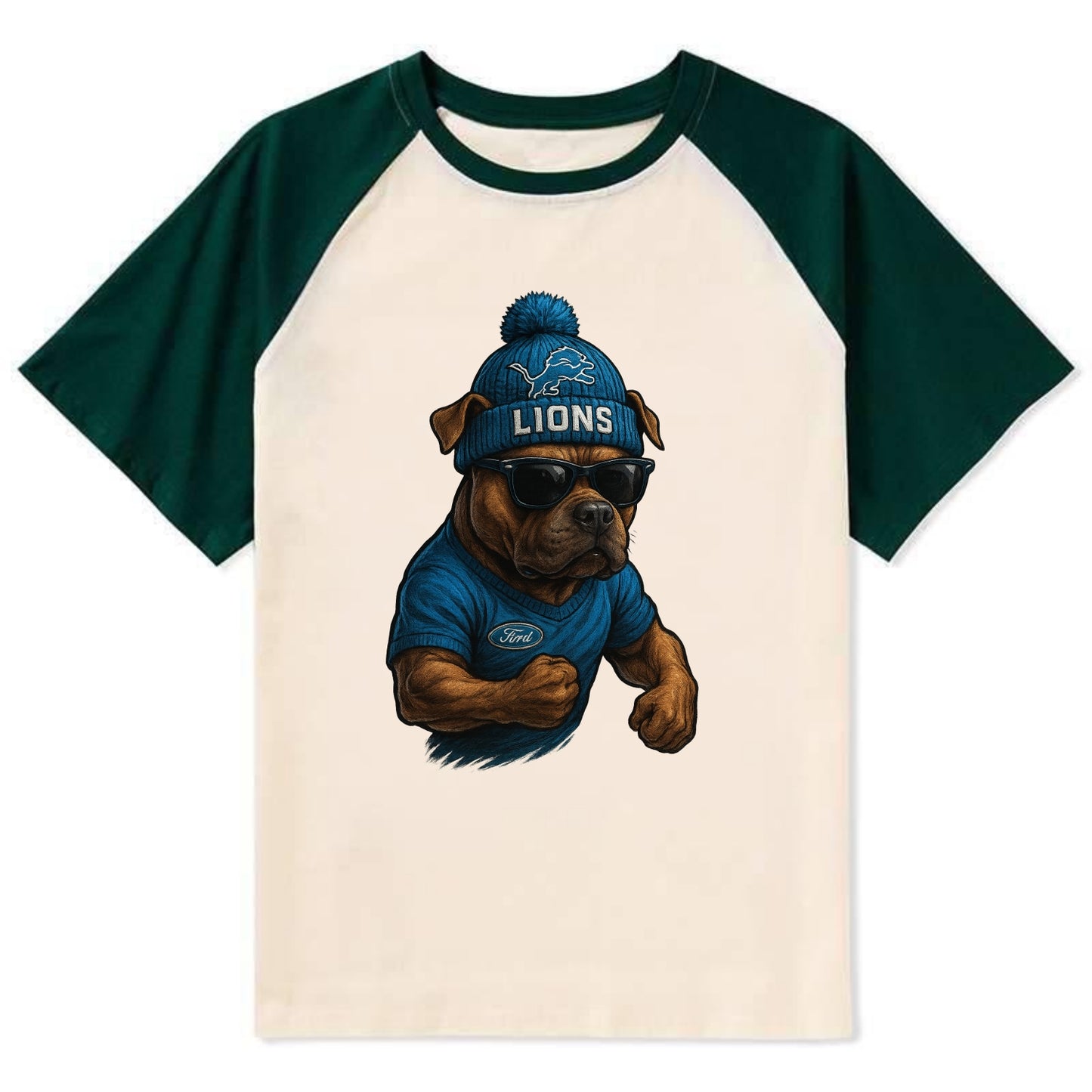 Detroit Pitbull wearing Lions beanie with auto patch and wayfarer - Contrast Raglan T-shirt - Green