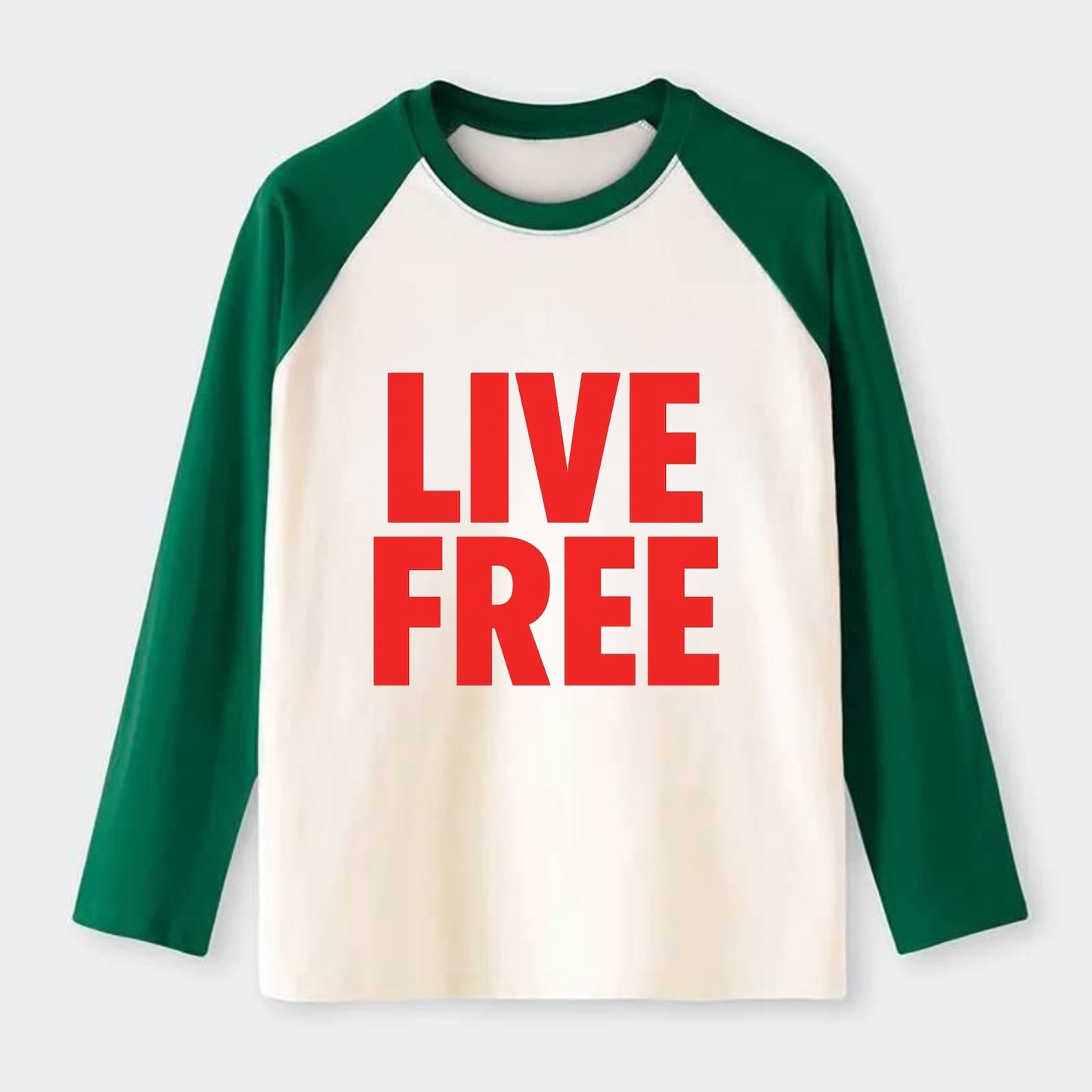 Bold typography design - "LIVE FREE" - unrestricted living - Raglan Long Sleeve T-Shirt - Green