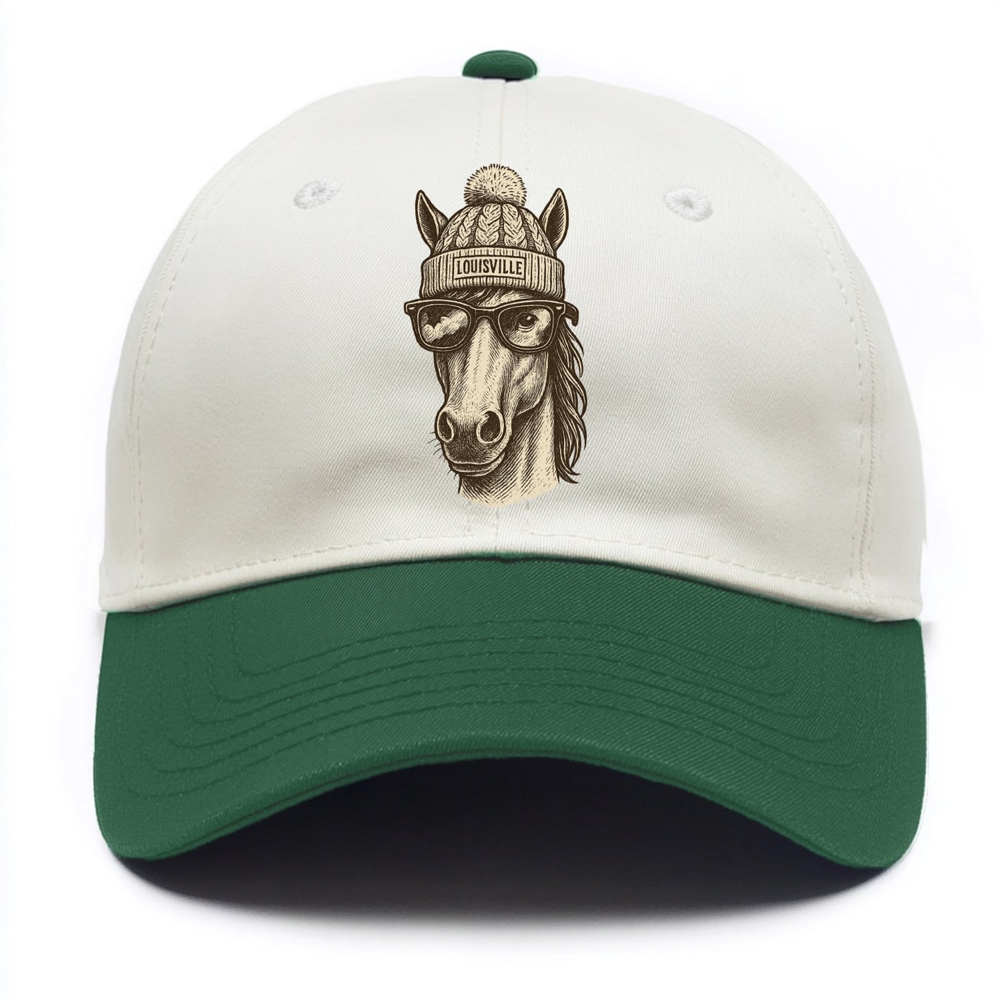 Kentucky Thoroughbred Horse wearing Louisville beanie with pom pom and wayfarer - Two Tone Cap - Green