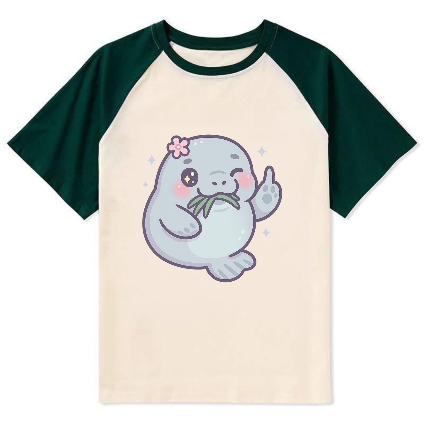 chubby manatee munching on seagrass, one flipper raised with sass - Contrast Raglan T-shirt - Green