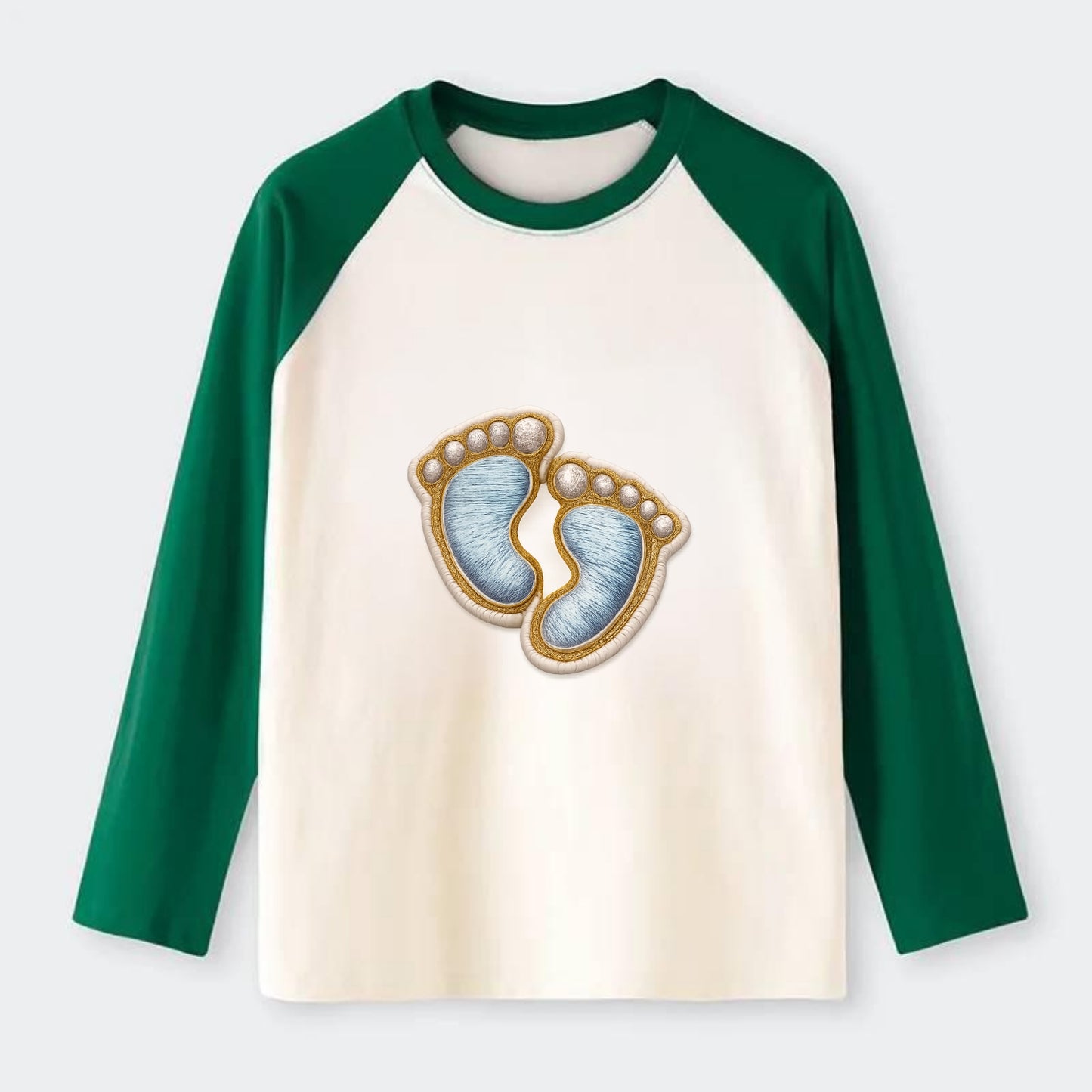 BABY FOOTPRINTS - tiny feet in pink or blue , newborn - Raglan Long Sleeve T-Shirt - Green
