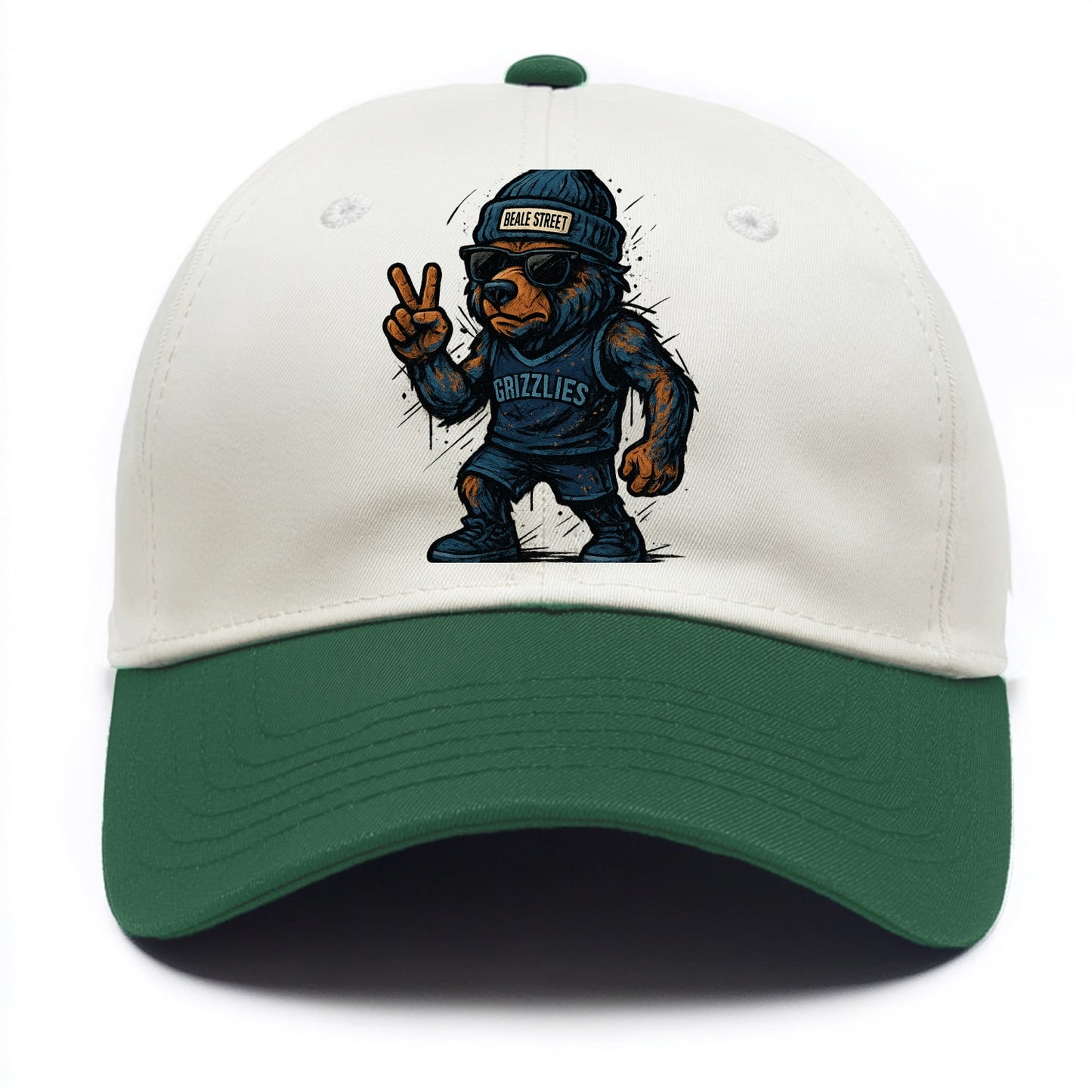Memphis Grizzly Bear wearing Grizzlies navy and light blue beanie with Beale Street - Two Tone Cap - Green
