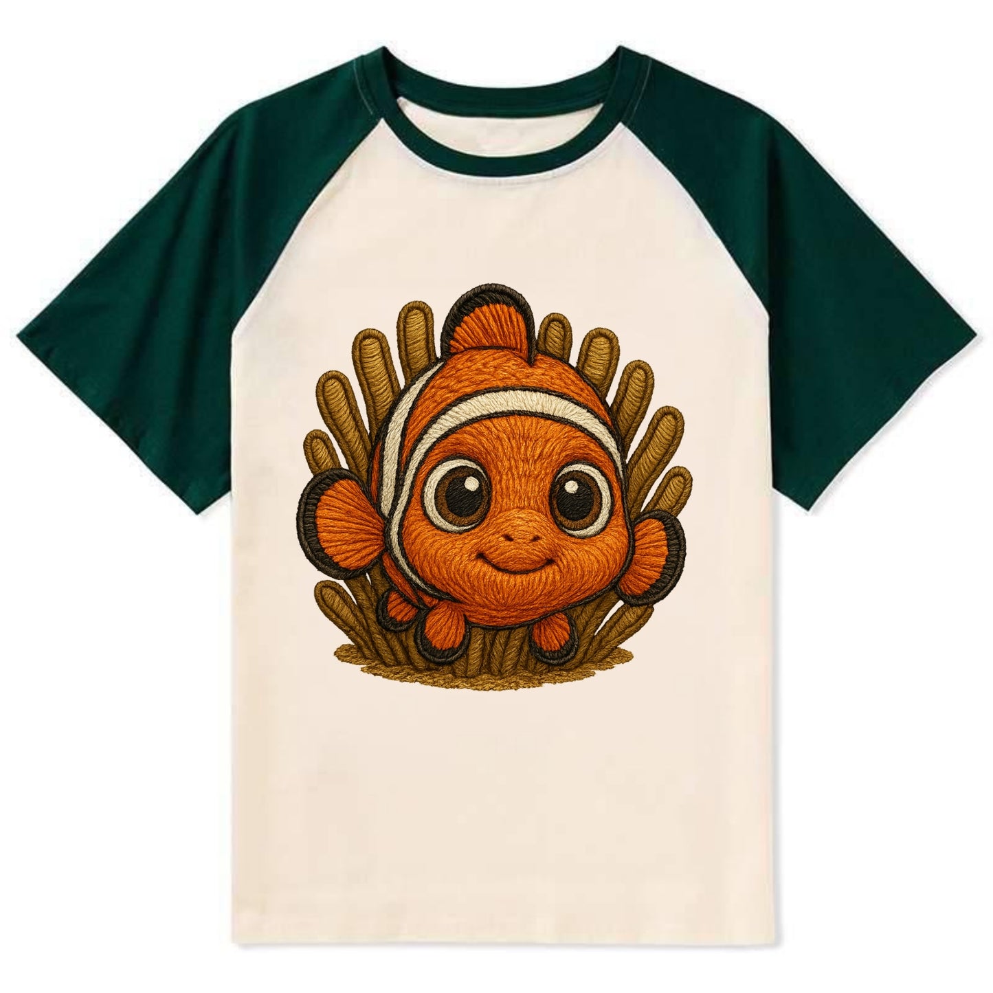 Baby Clownfish - orange with white stripes, big round eyes, front-facing - Contrast Raglan T-shirt - Green