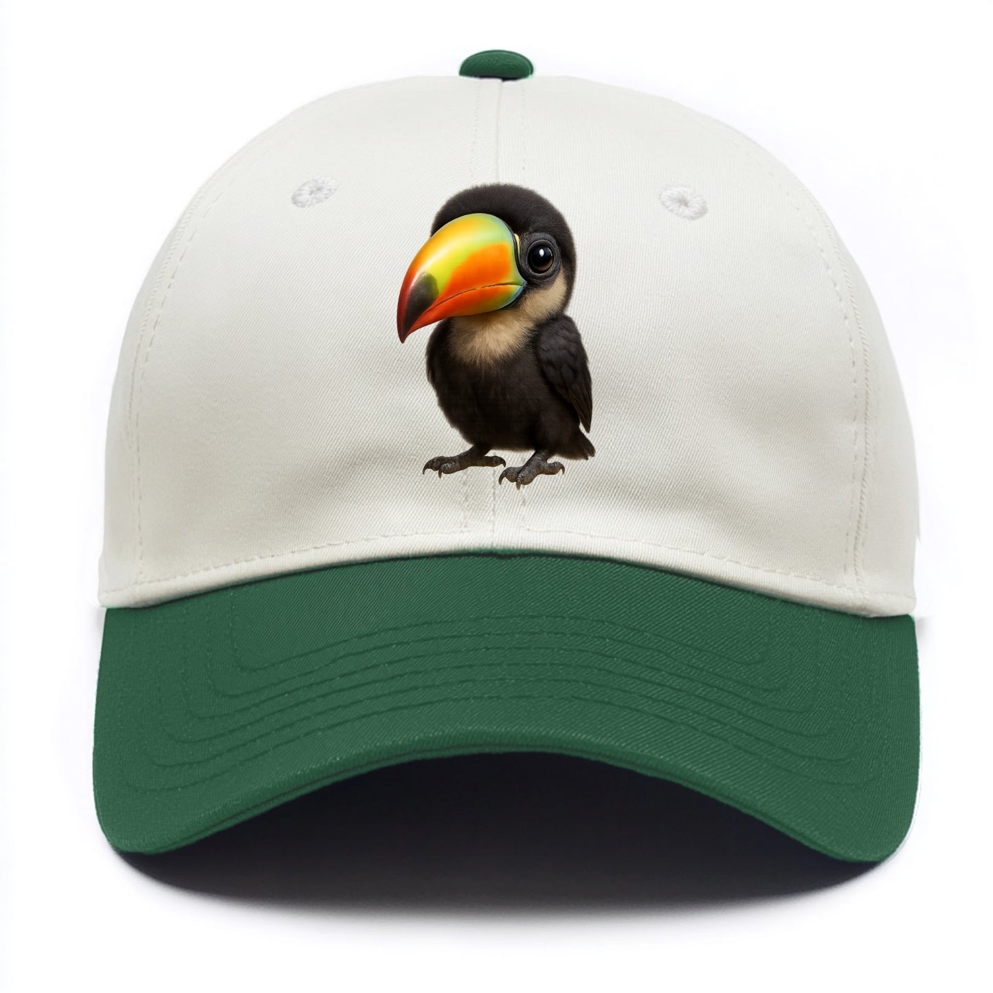 Baby Toucan - oversized colorful beak, black feathers, bright eyes, front-facing, - Two Tone Cap - Green