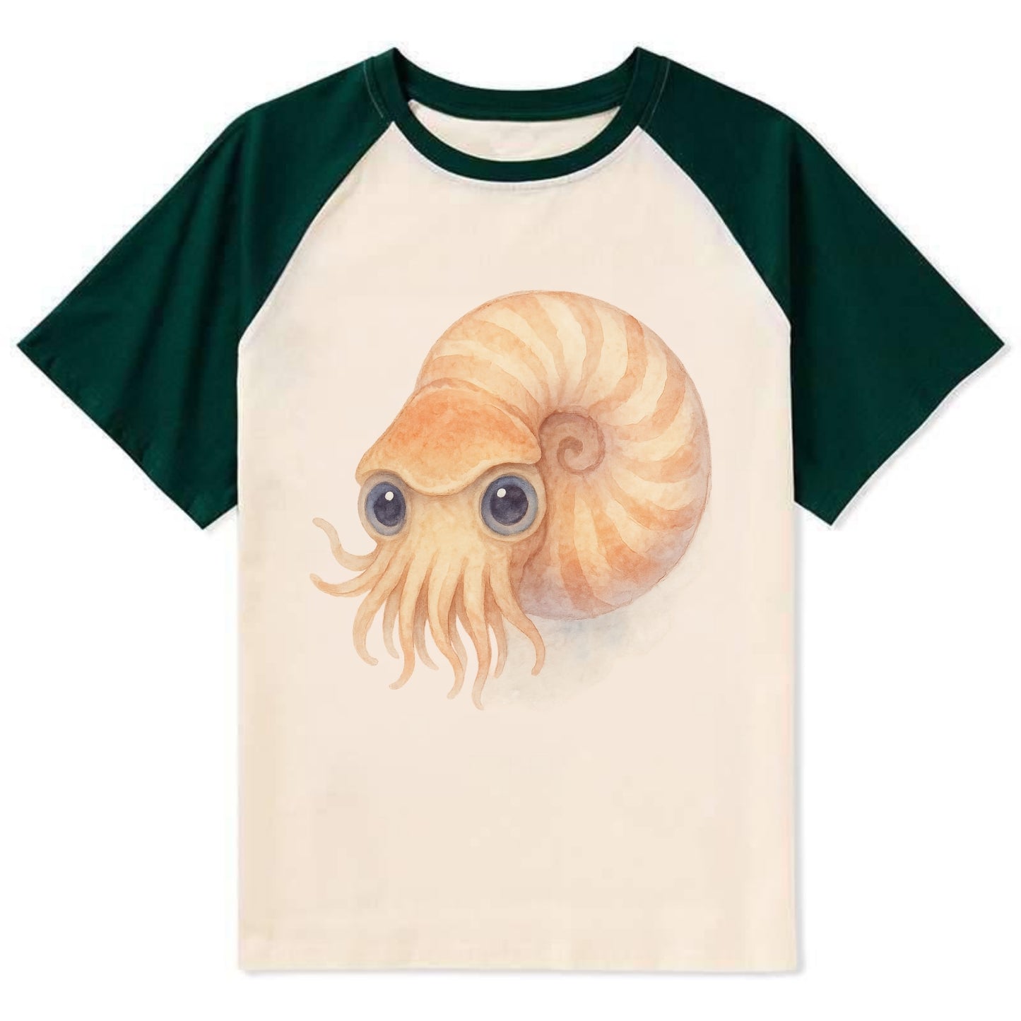Baby Nautilus - spiral shell, tentacles peeking, ancient eyes, - Contrast Raglan T-shirt - Green