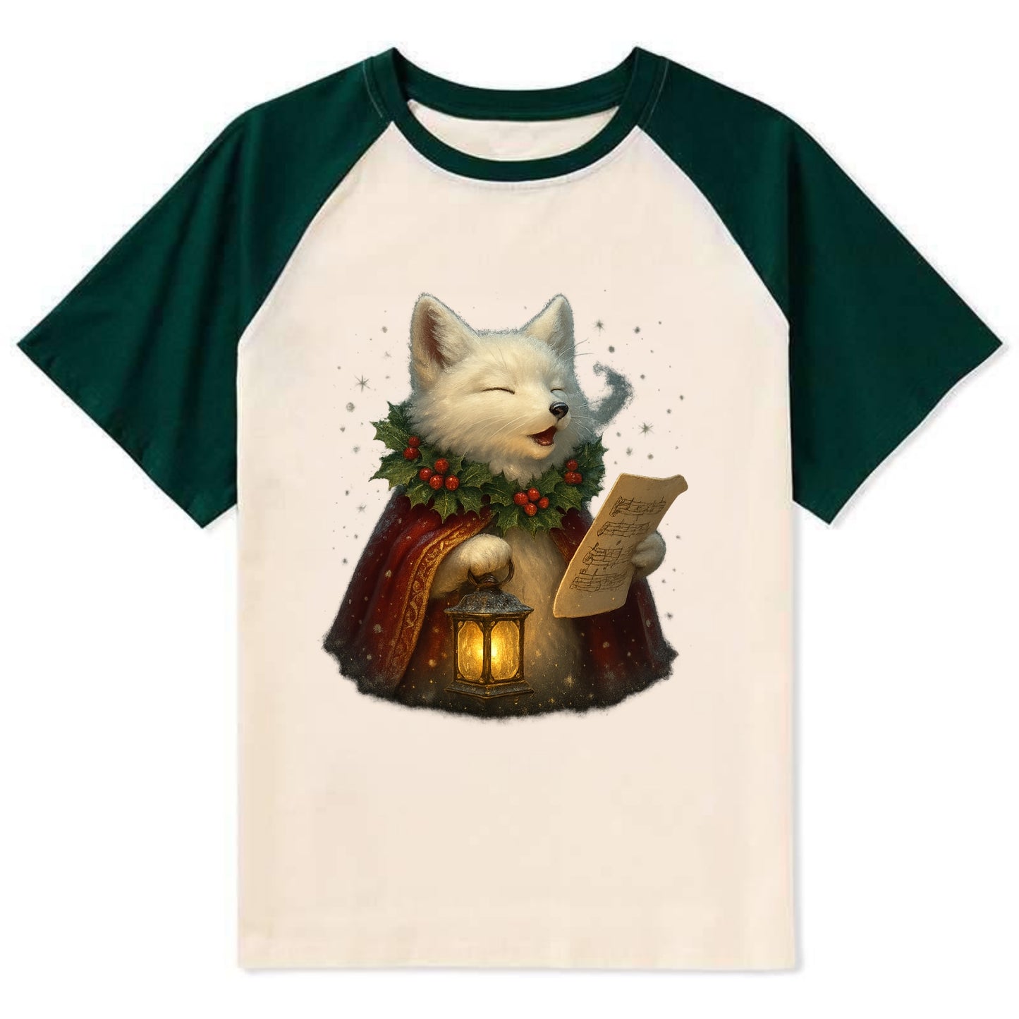 Snowbound Arctic Fox Caroler - Contrast Raglan T-shirt - Green