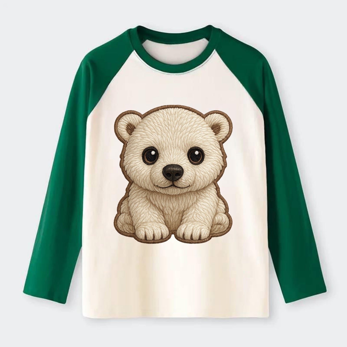 Baby Polar Bear Cub - white fluffy, black nose, dark curious eyes, - Raglan Long Sleeve T-Shirt - Green