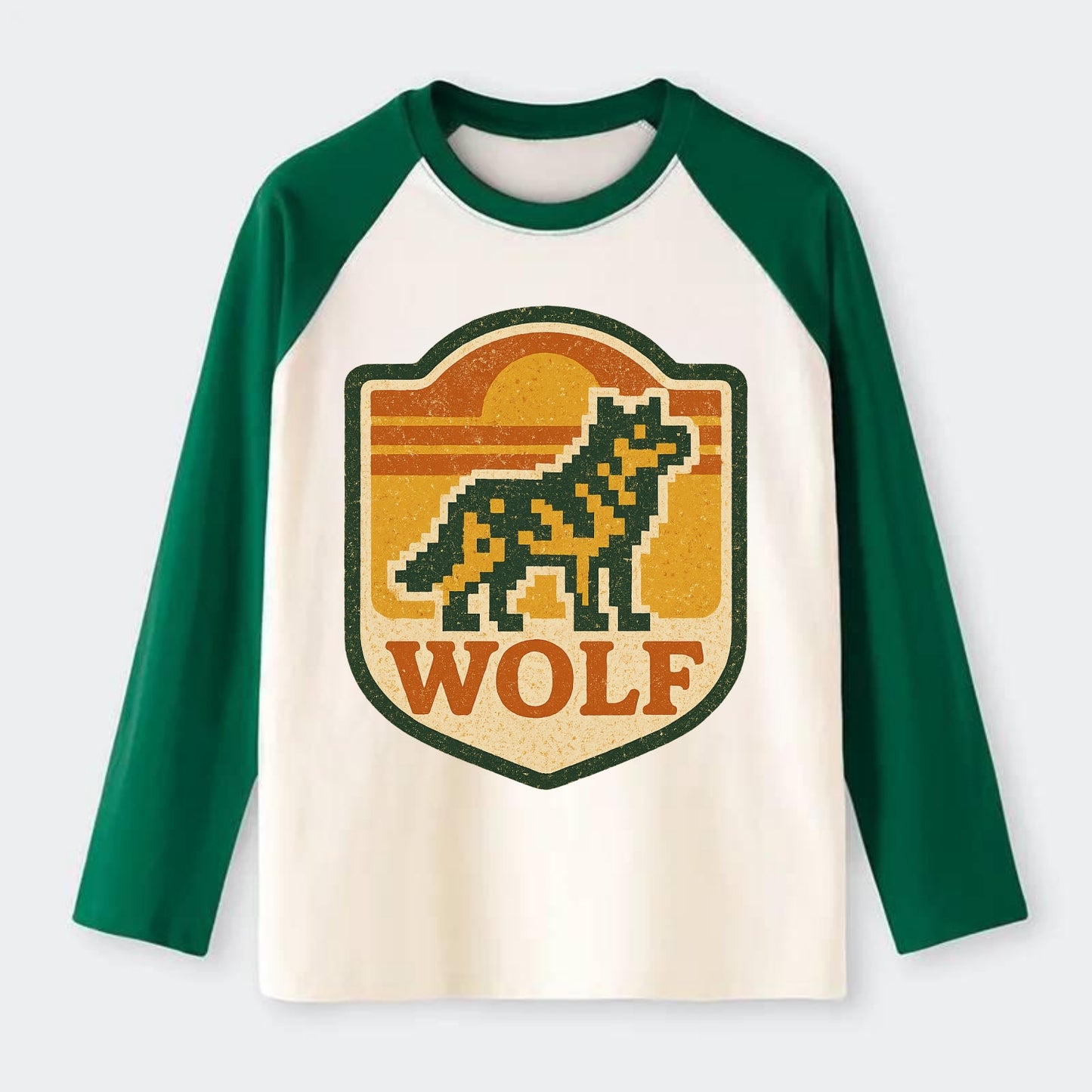 Digital Pixel Wolf - Raglan Long Sleeve T-Shirt - Green