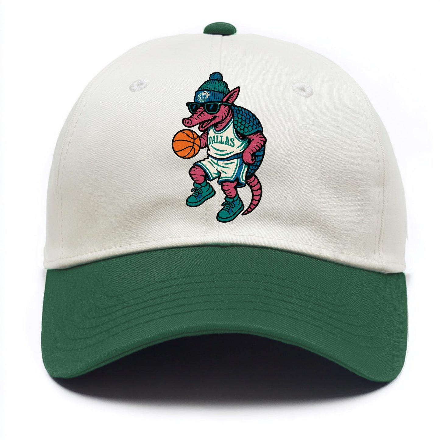 Dallas Armadillo wearing Mavericks beanie with cowboy hat patch and wayfarer - Two Tone Cap - Green