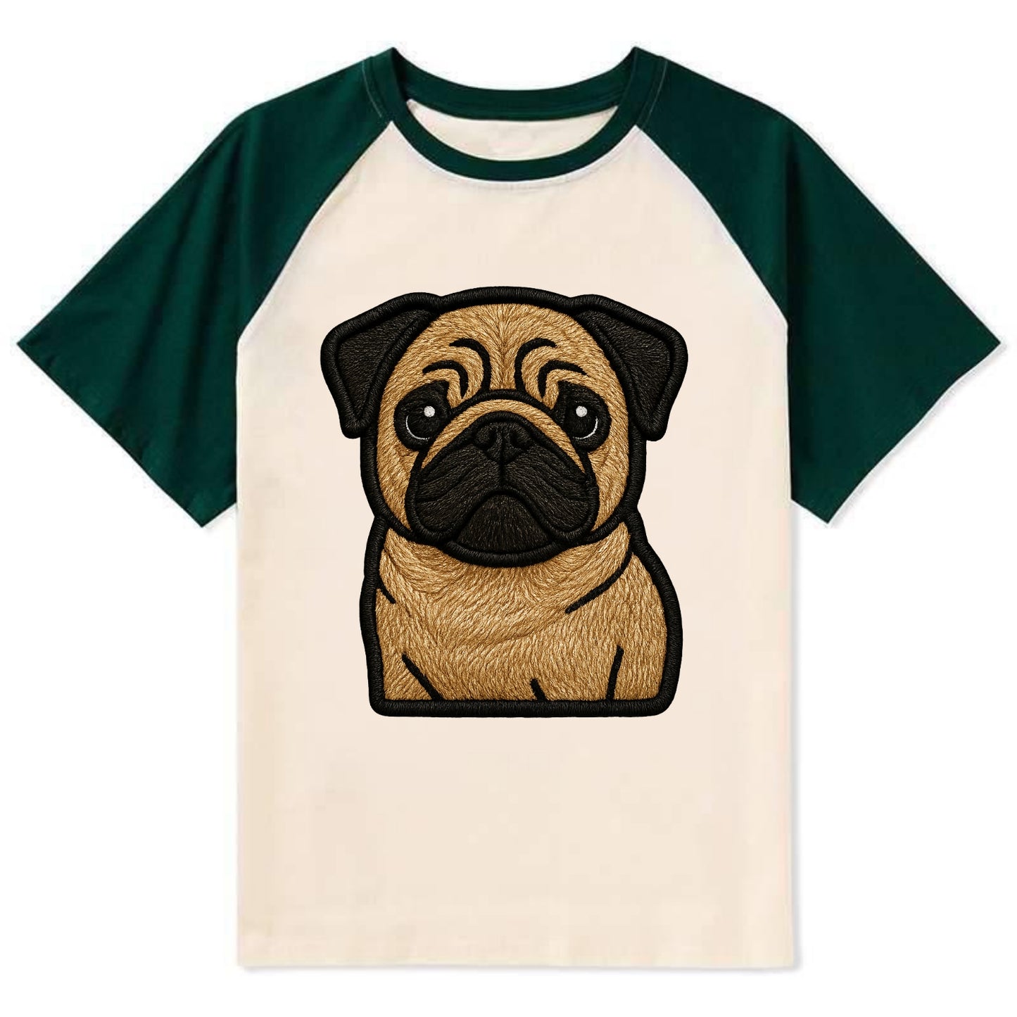 Pug - Contemporary wrinkled design with - Contrast Raglan T-shirt - Green