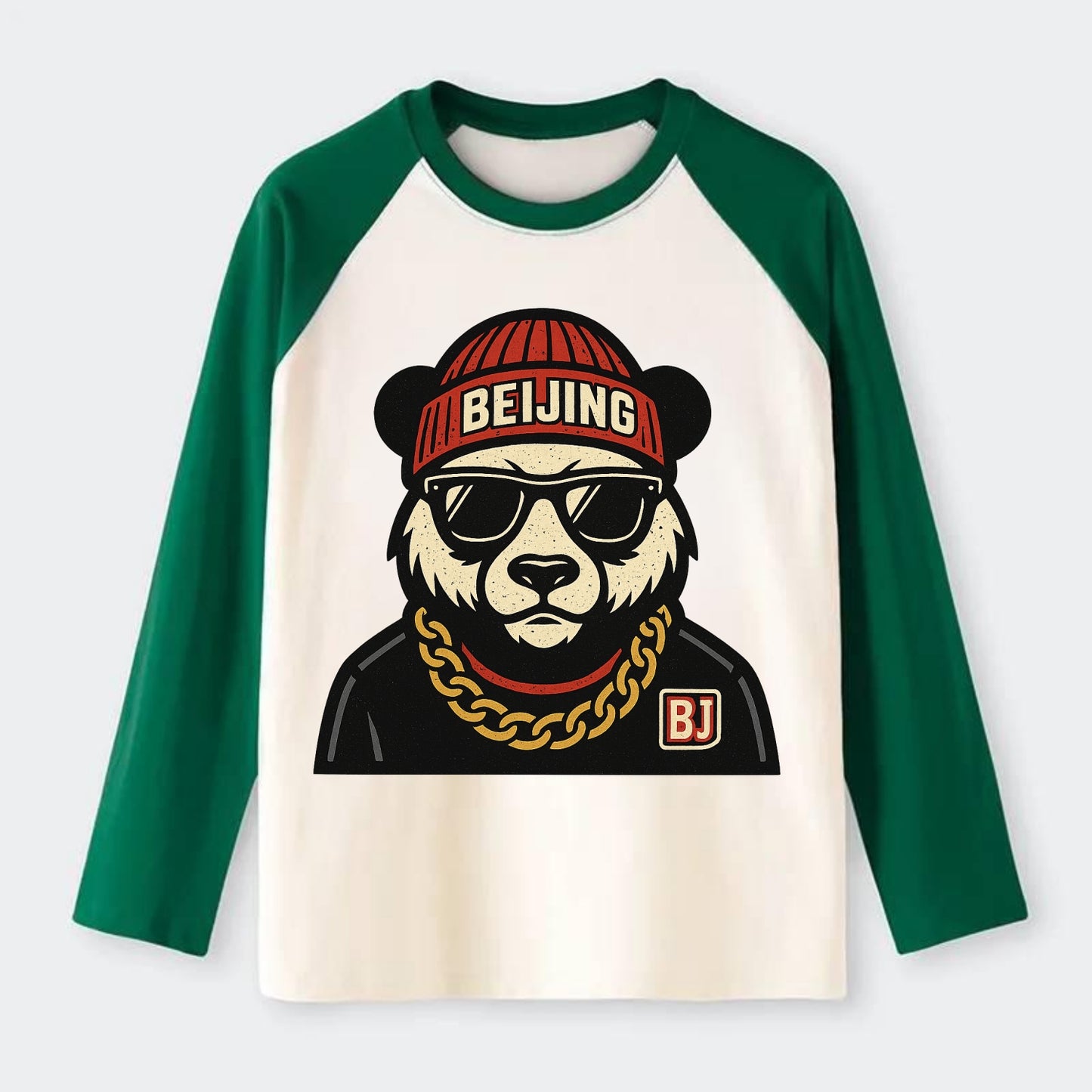 Beijing Panda - Raglan Long Sleeve T-Shirt - Green