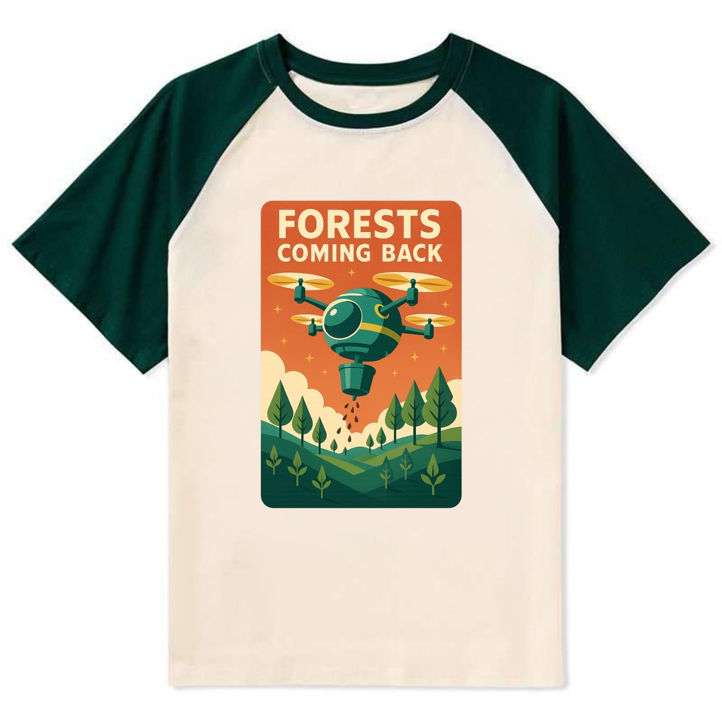 Reforestation drone planting millions of trees - "Forests Coming Back" - - Contrast Raglan T-shirt - Green