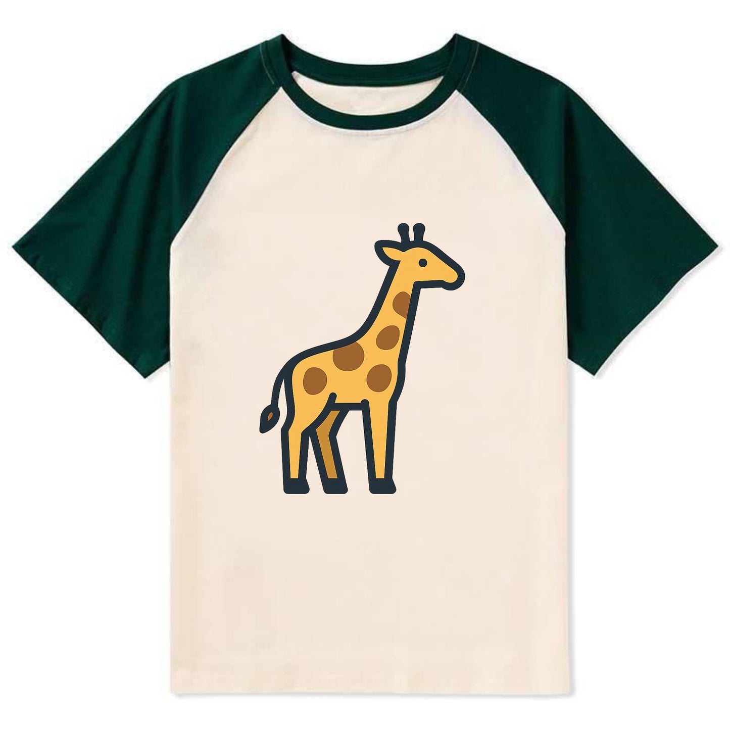 Giraffe - Yellow with brown patches flat side profile - Contrast Raglan T-shirt - Green