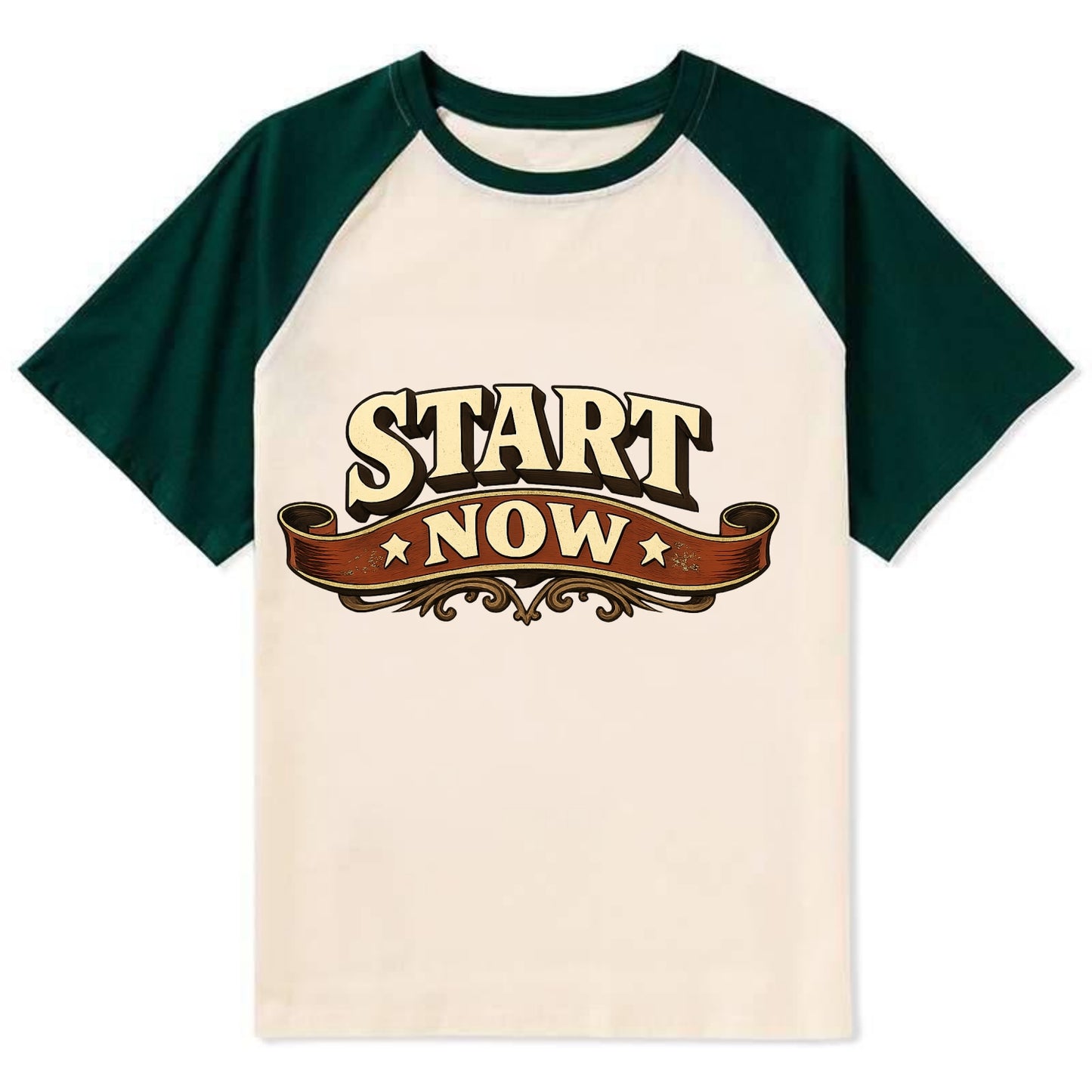 Bold typography design - "START NOW" - begin immediately, no delay - Contrast Raglan T-shirt - Green