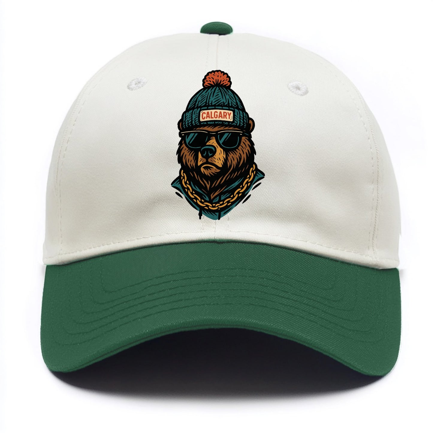 Calgary Grizzly Bear wearing Calgary beanie with pom pom and wayfarer sunglasses - Two Tone Cap - Green