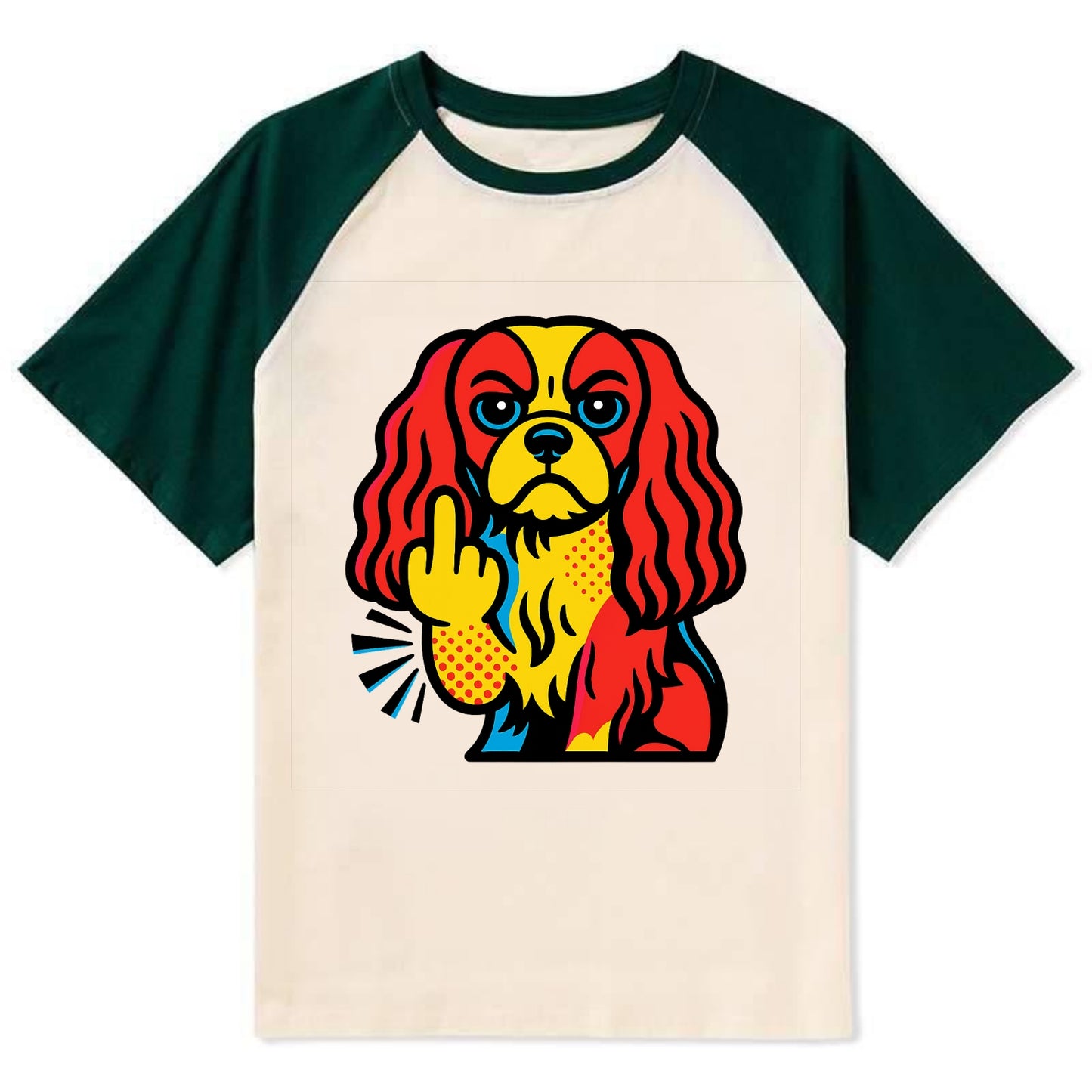 Cavalier King Charles Spaniel with long ears, regal paw giving finger - Contrast Raglan T-shirt - Green