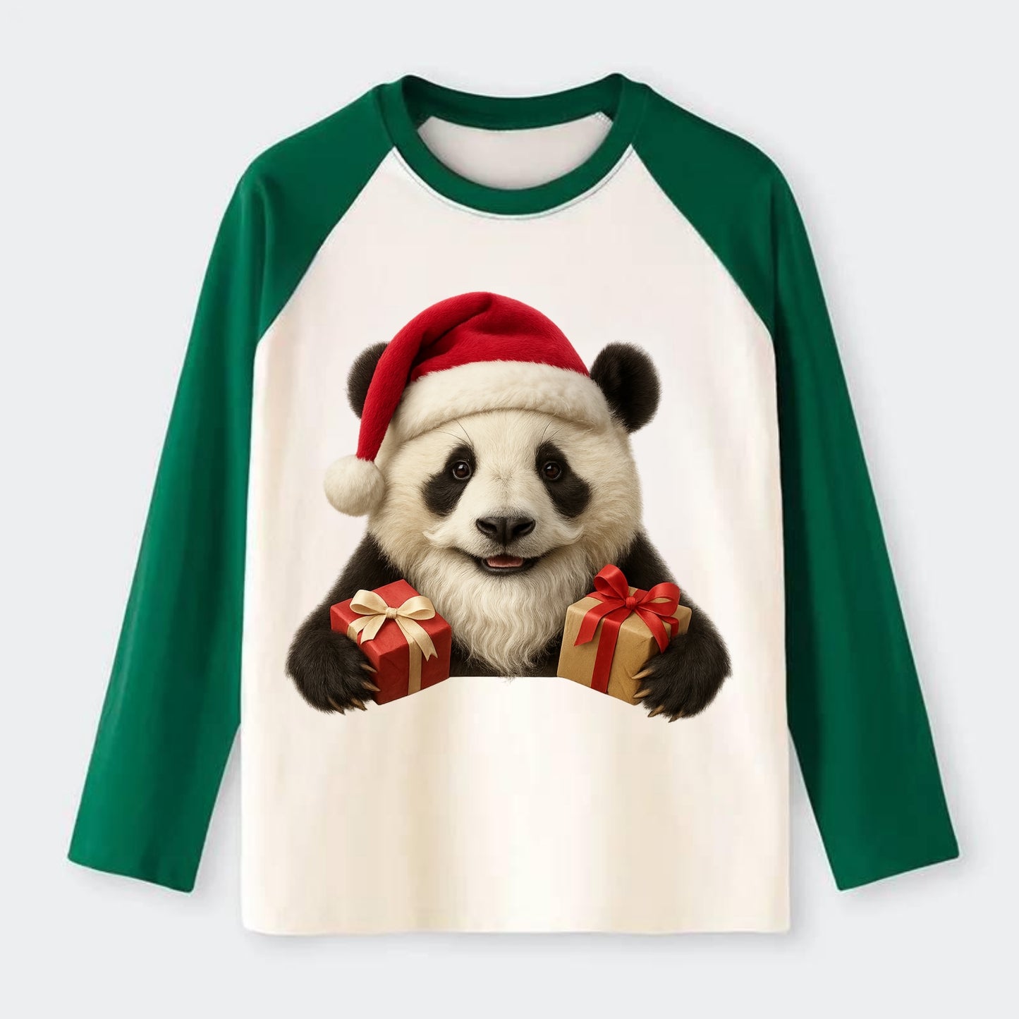 Santa Panda - Raglan Long Sleeve T-Shirt - Green