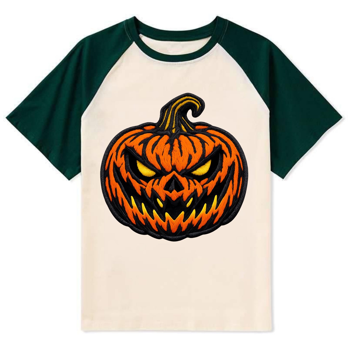 HALLOWEEN PUMPKIN - jack o lantern in orange and black , spooky - Contrast Raglan T-shirt - Green