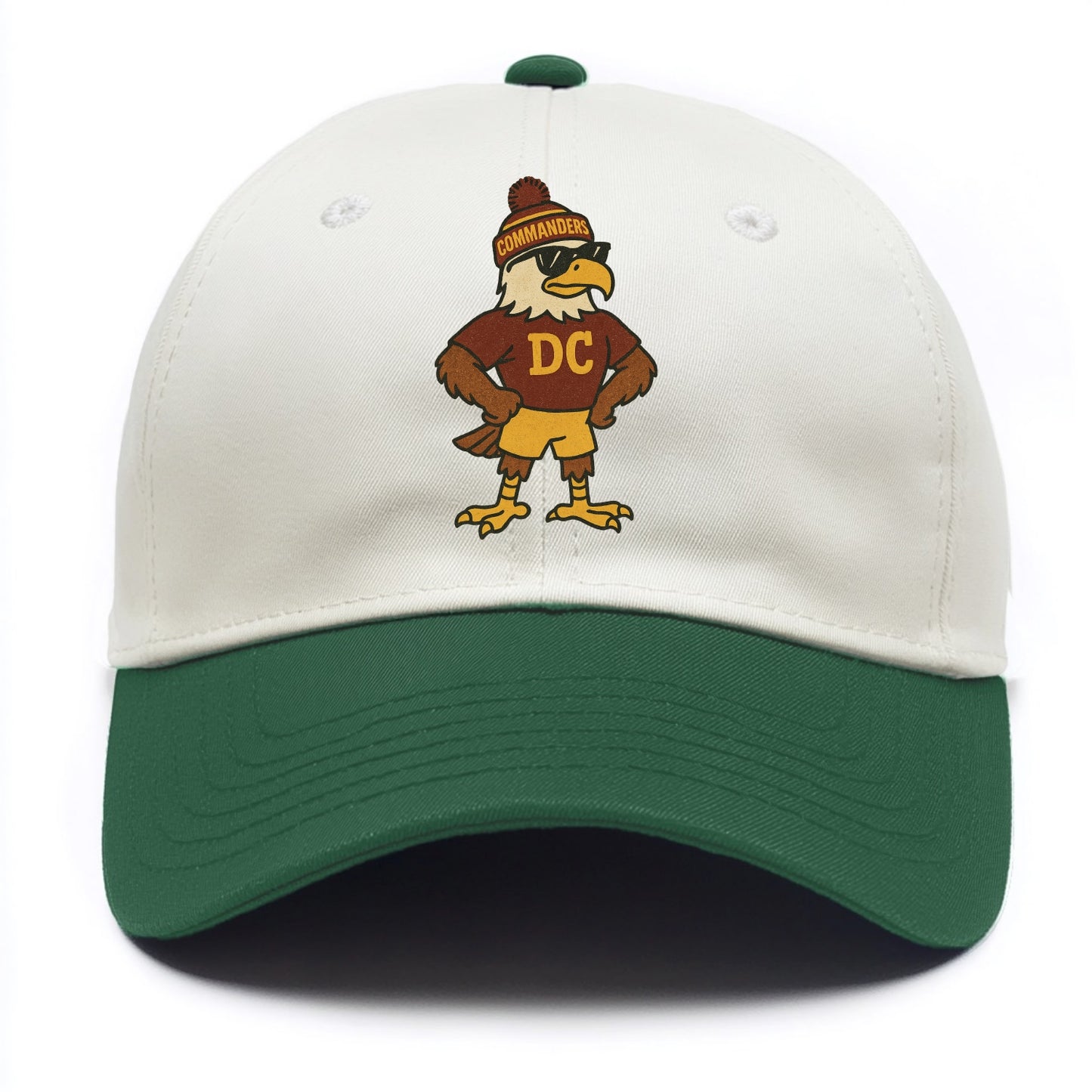 DC Eagle wearing Commanders burgundy and gold beanie with pom pom and wayfarer - Two Tone Cap - Green