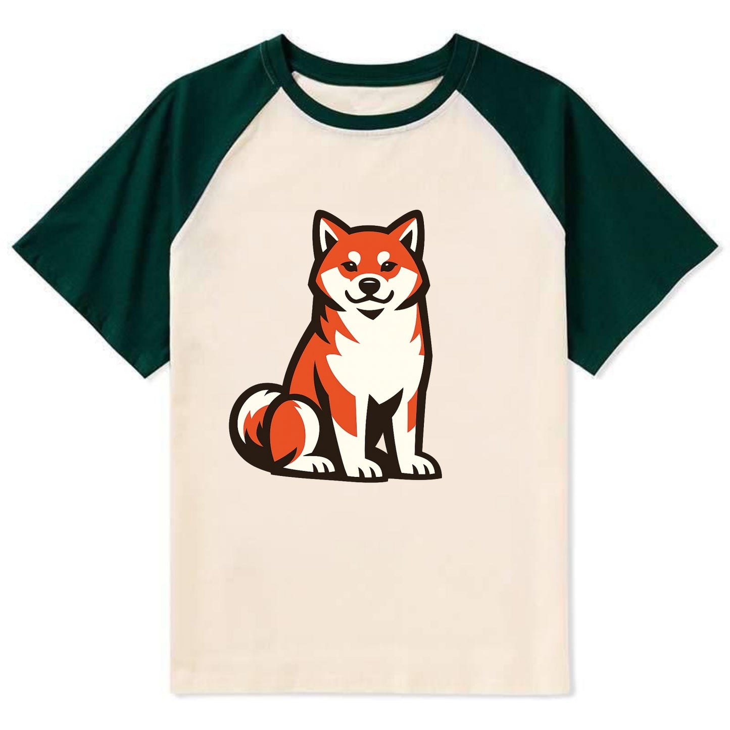 Sitting Shiba Inu Emblem - Contrast Raglan T-shirt - Green