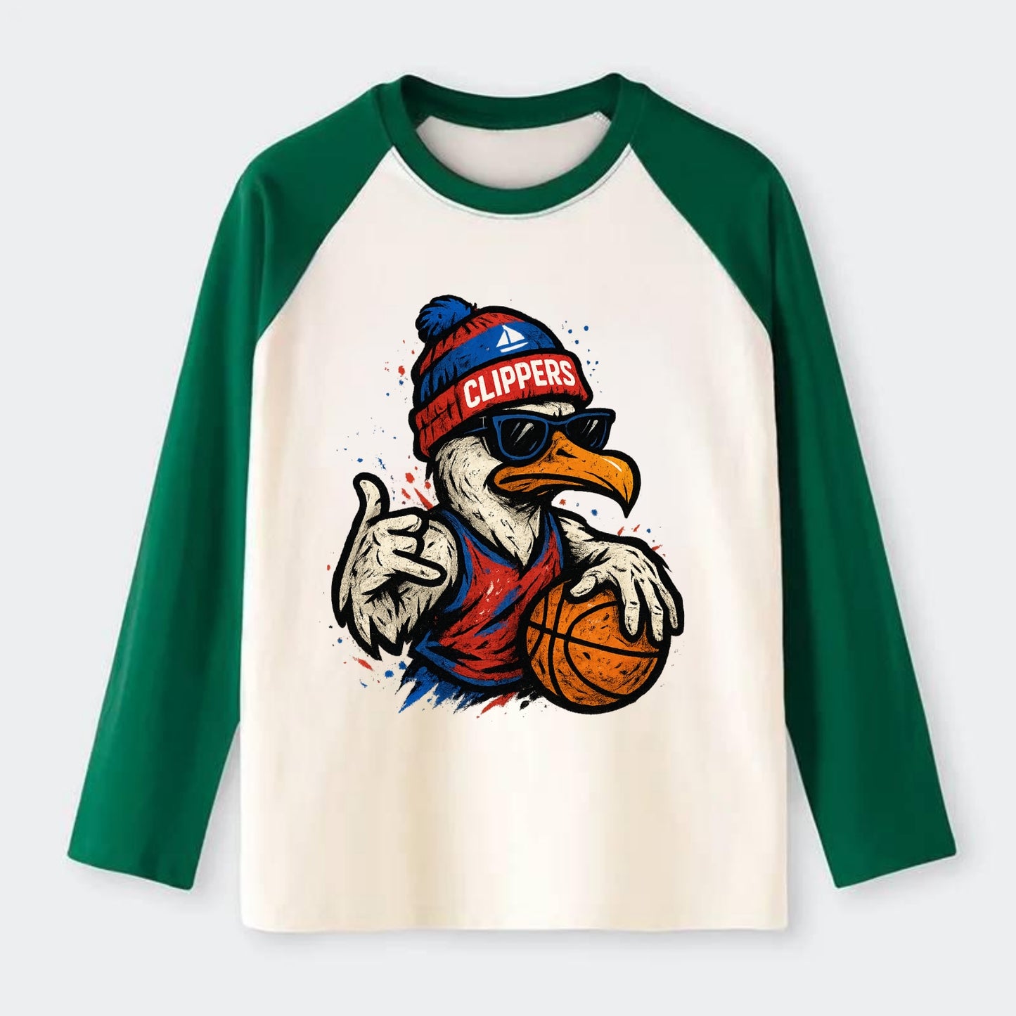 LA Seagull wearing Clippers red white and blue beanie with ship patch - Raglan Long Sleeve T-Shirt - Green