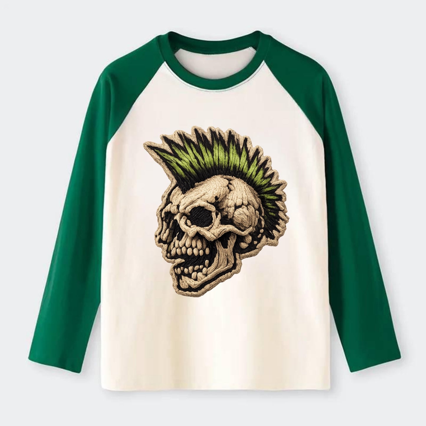 MOHAWK SKULL - punk skull with mohawk in neon green and black , punk - Raglan Long Sleeve T-Shirt - Green