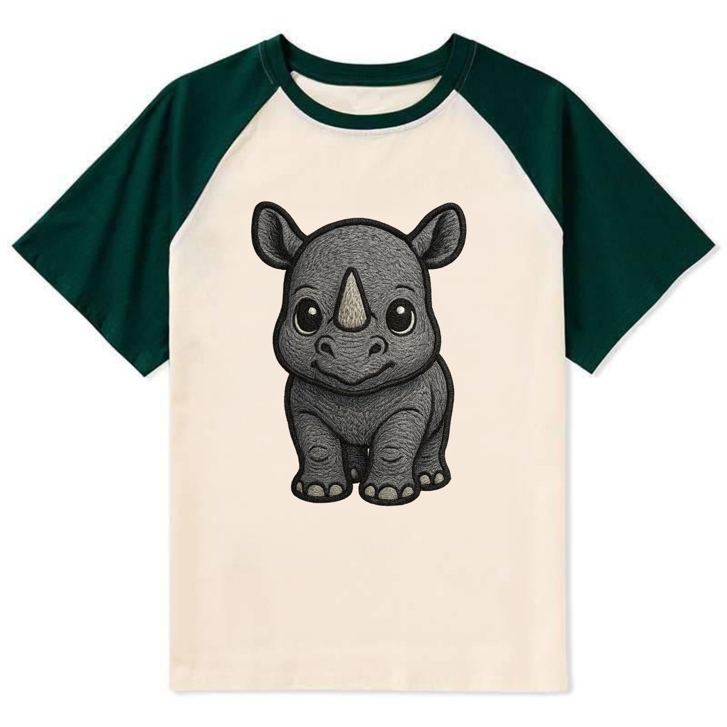 Baby Rhino - gray armor skin, tiny horn nub, round eyes, front-facing, - Contrast Raglan T-shirt - Green