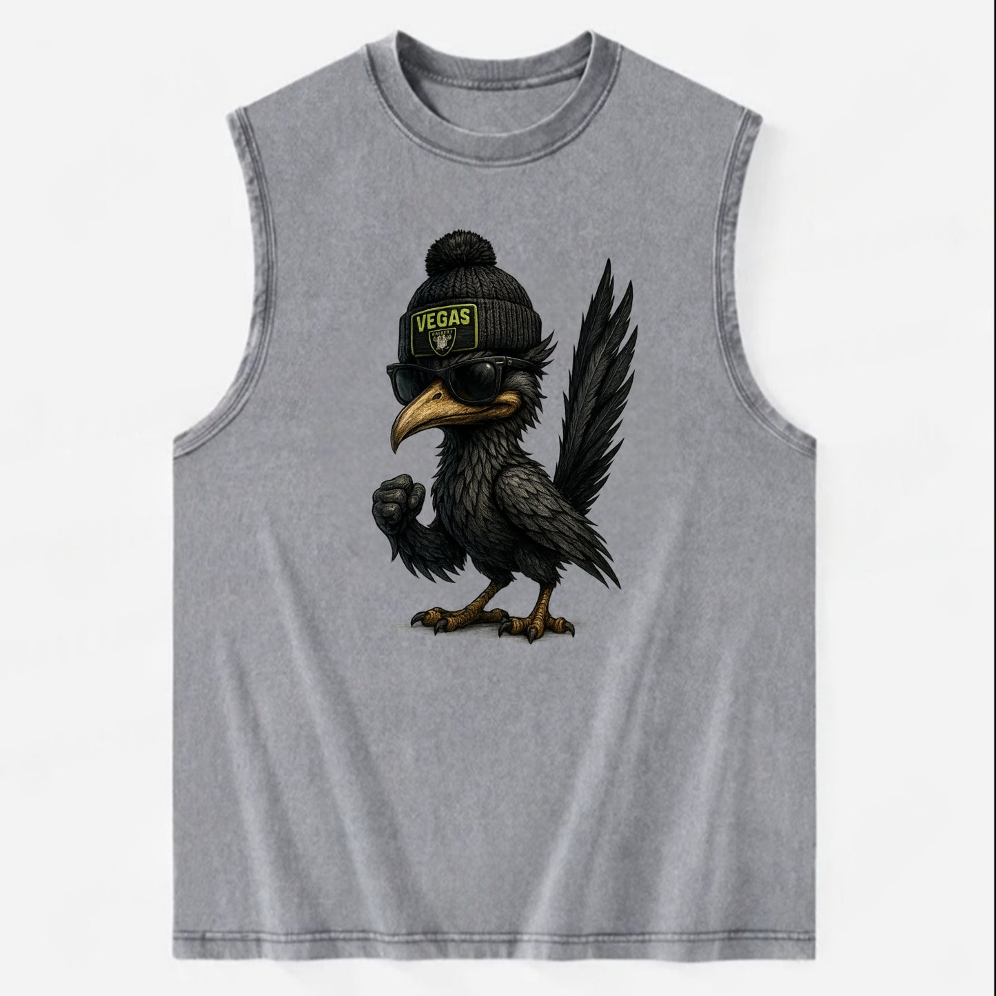 Vegas Roadrunner wearing Raiders beanie with neon patch and wayfarer - Vintage Washed Tank - Grey