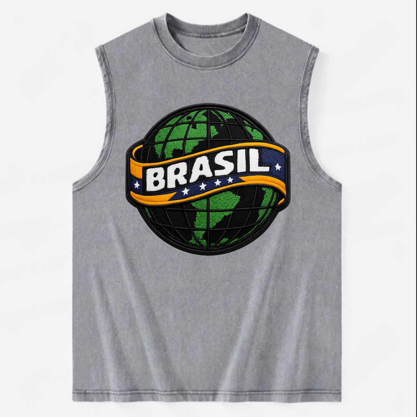 BRAZILIAN FLAG GLOBE - green globe with banner in green yellow blue , Brasil - Vintage Washed Tank - Grey