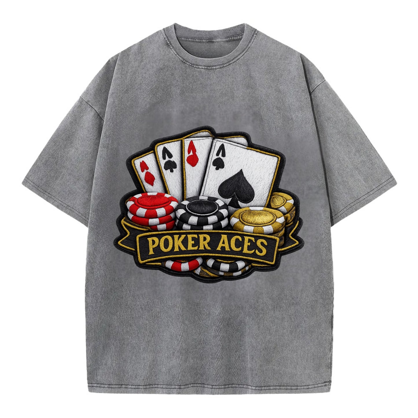 Embroidered patch design - POKER ACES - four aces with chips in red, black and - Vintage T-shirt - Grey