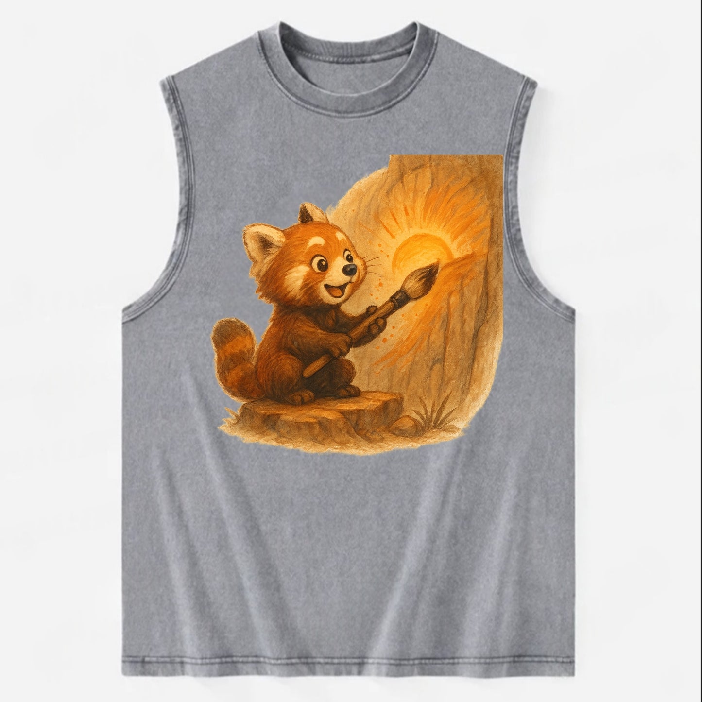 Red panda painting a sunrise mural with an oversized calligraphy brush on a - Vintage Washed Tank - Grey
