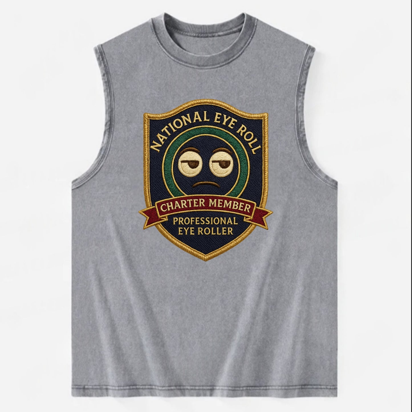 Crest with eye roll icon - "National Eye Roll Association - Charter Member" - - Vintage Washed Tank - Grey