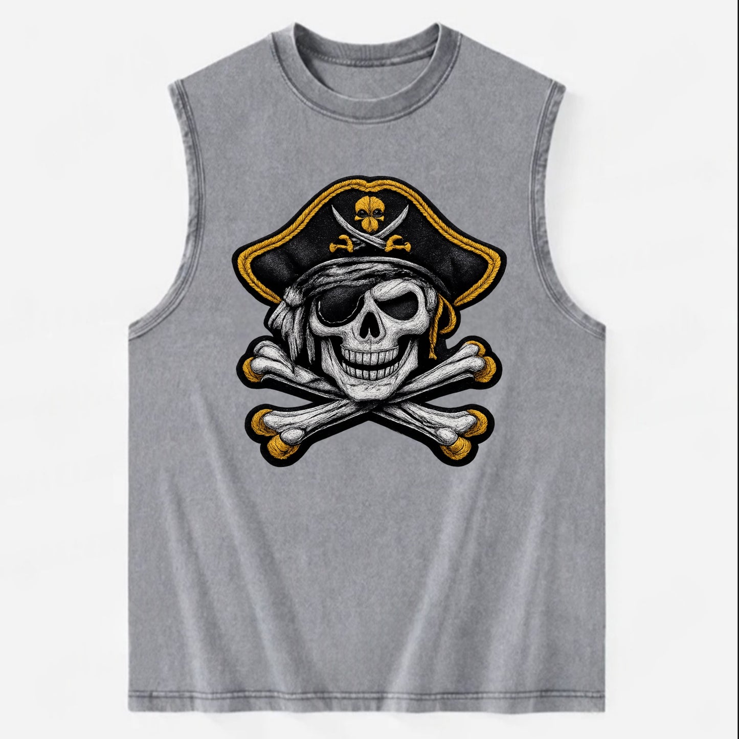 PIRATE SKULL - Jolly Roger skull in black and white , pirate - Vintage Washed Tank - Grey