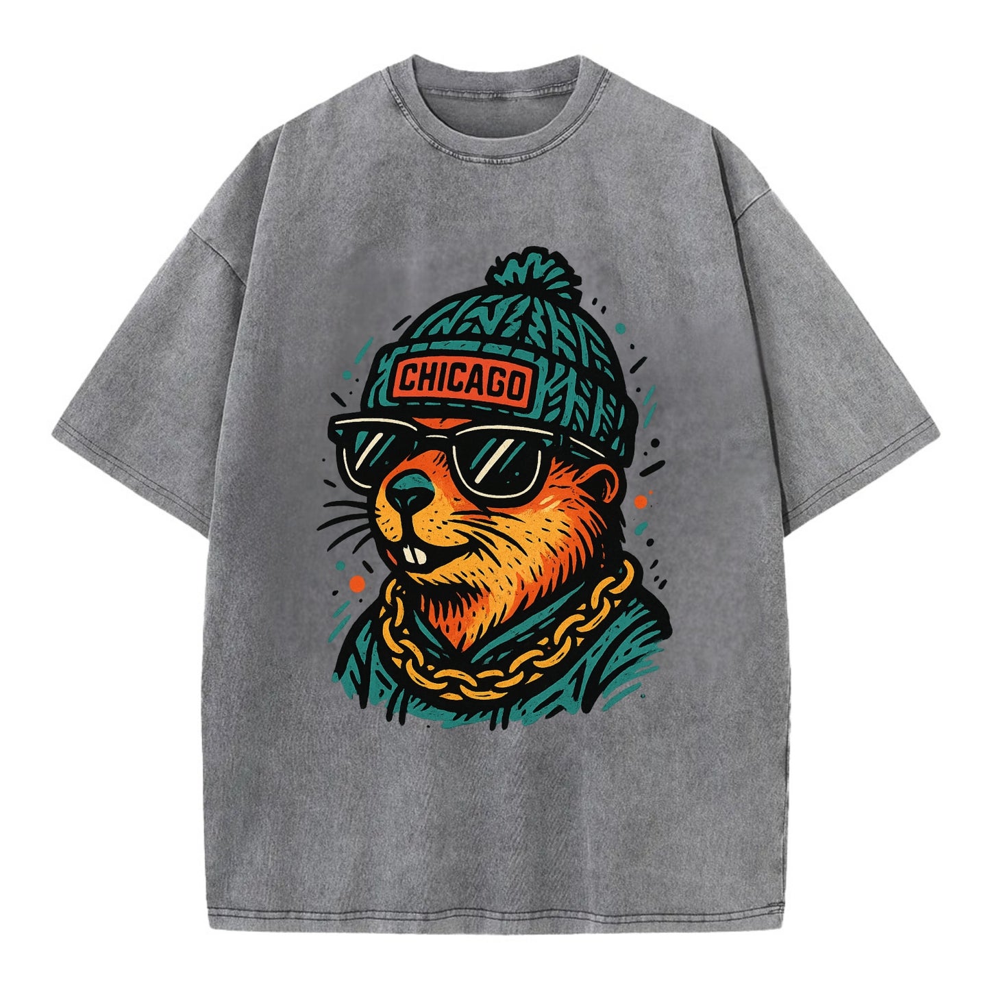 Illinois Prairie Dog wearing Chicago beanie with pom pom and wayfarer sunglasses - Vintage T-shirt - Grey