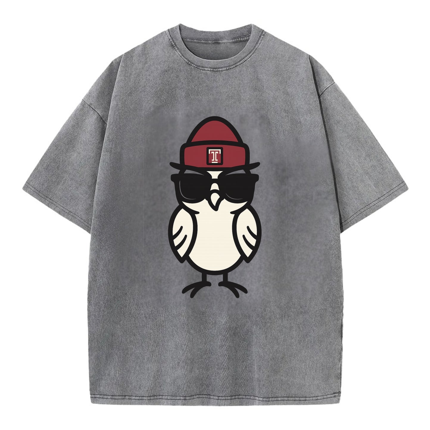 Philadelphia Owl wearing Temple beanie with T patch - Vintage T-shirt - Grey