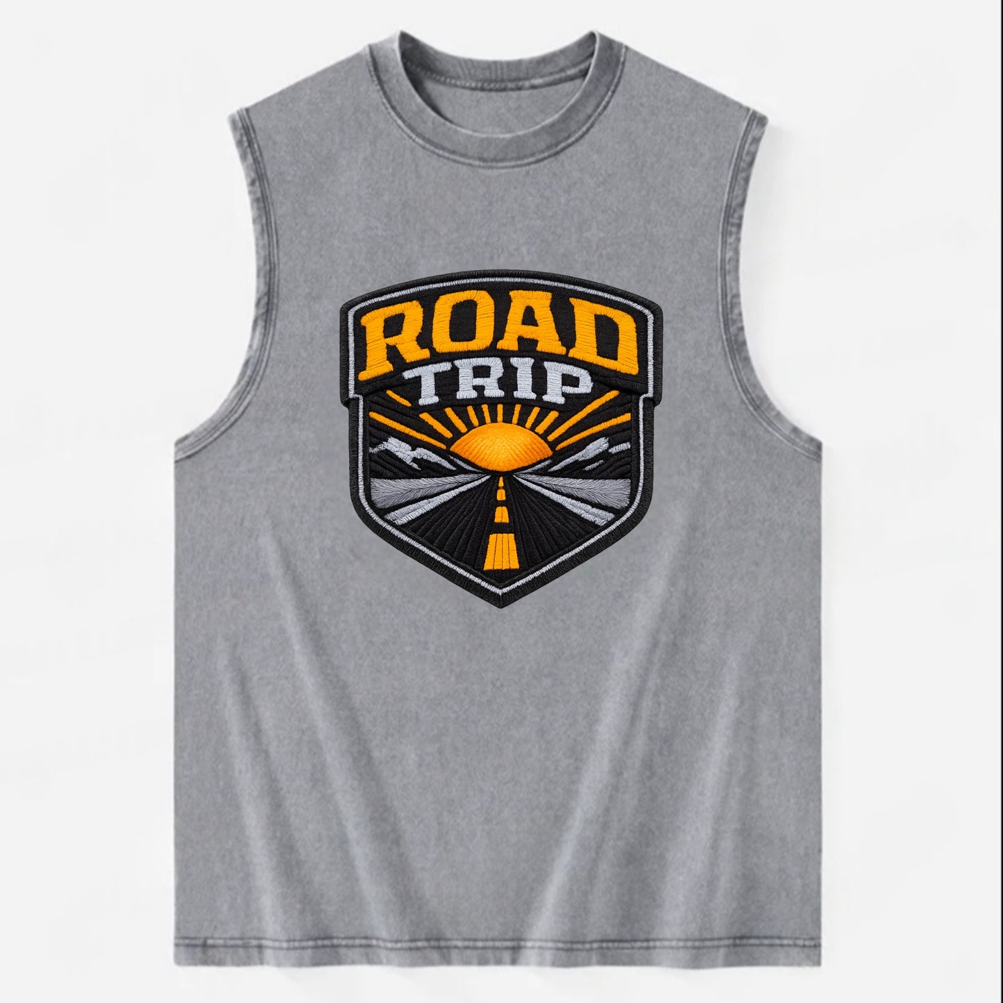ROAD TRIP - highway and sun in orange and gray , open road - Vintage Washed Tank - Grey