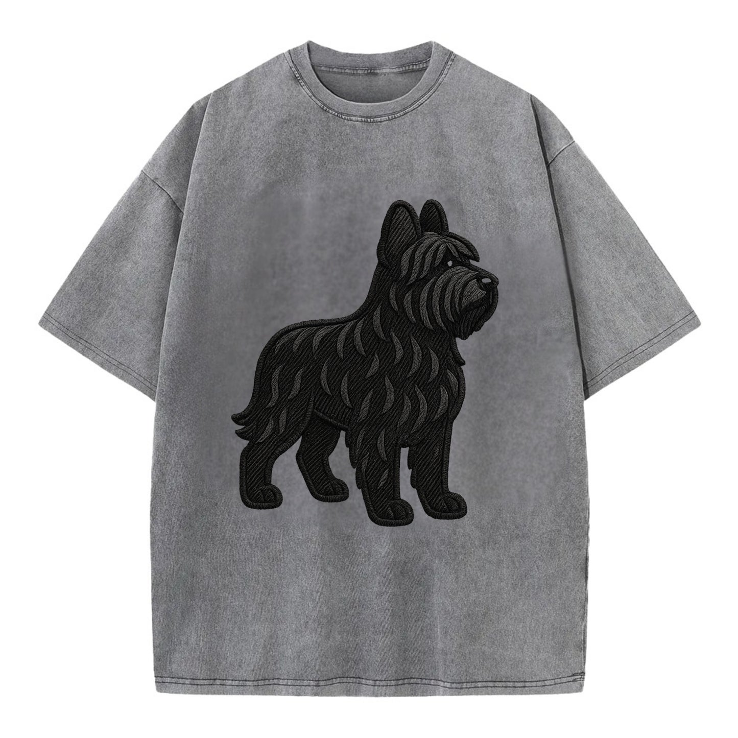 Briard - Black wavy coat embroidered herding pose - Vintage T-shirt - Grey