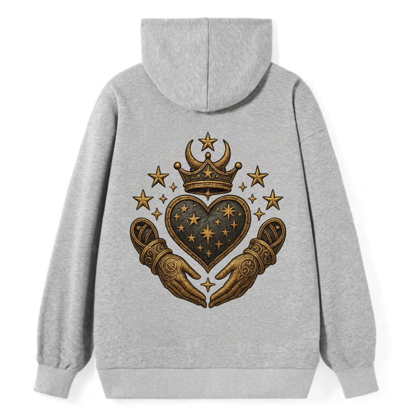 Weathered antique brass crown above a hammered gunmetal heart framed by - Classic Pullover Hoodie - Grey